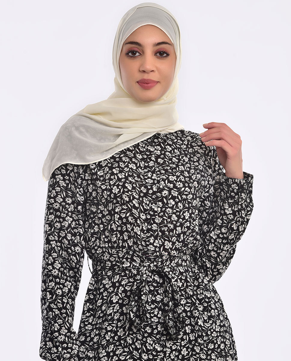 Black And White Belted Abaya