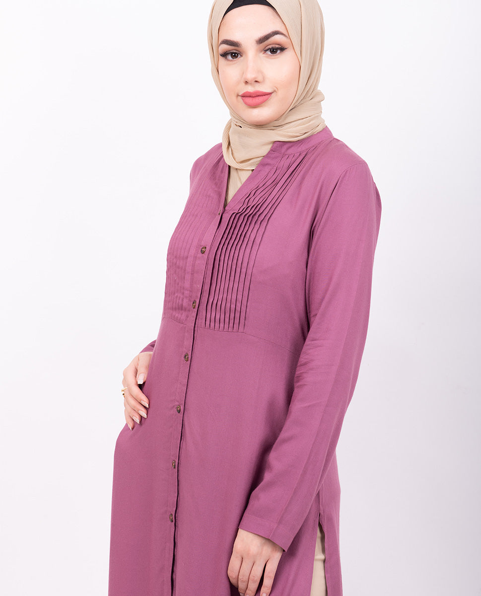 Pink Pleated High Low Shirt Dress