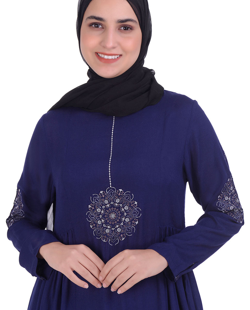Navy With Off White Embroidery Abaya