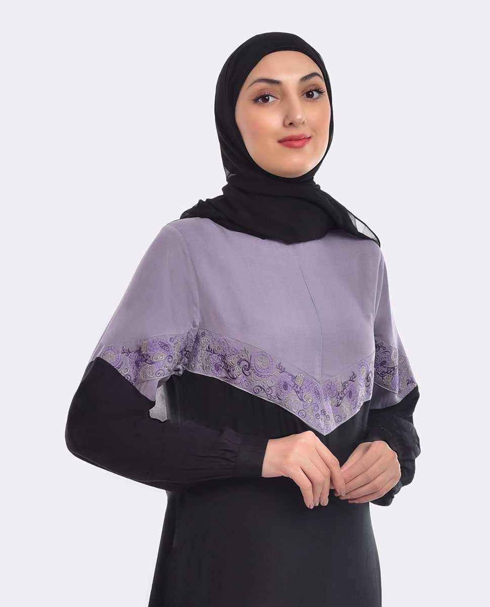 Black And Lilac Contrast Embroidered Jilbab