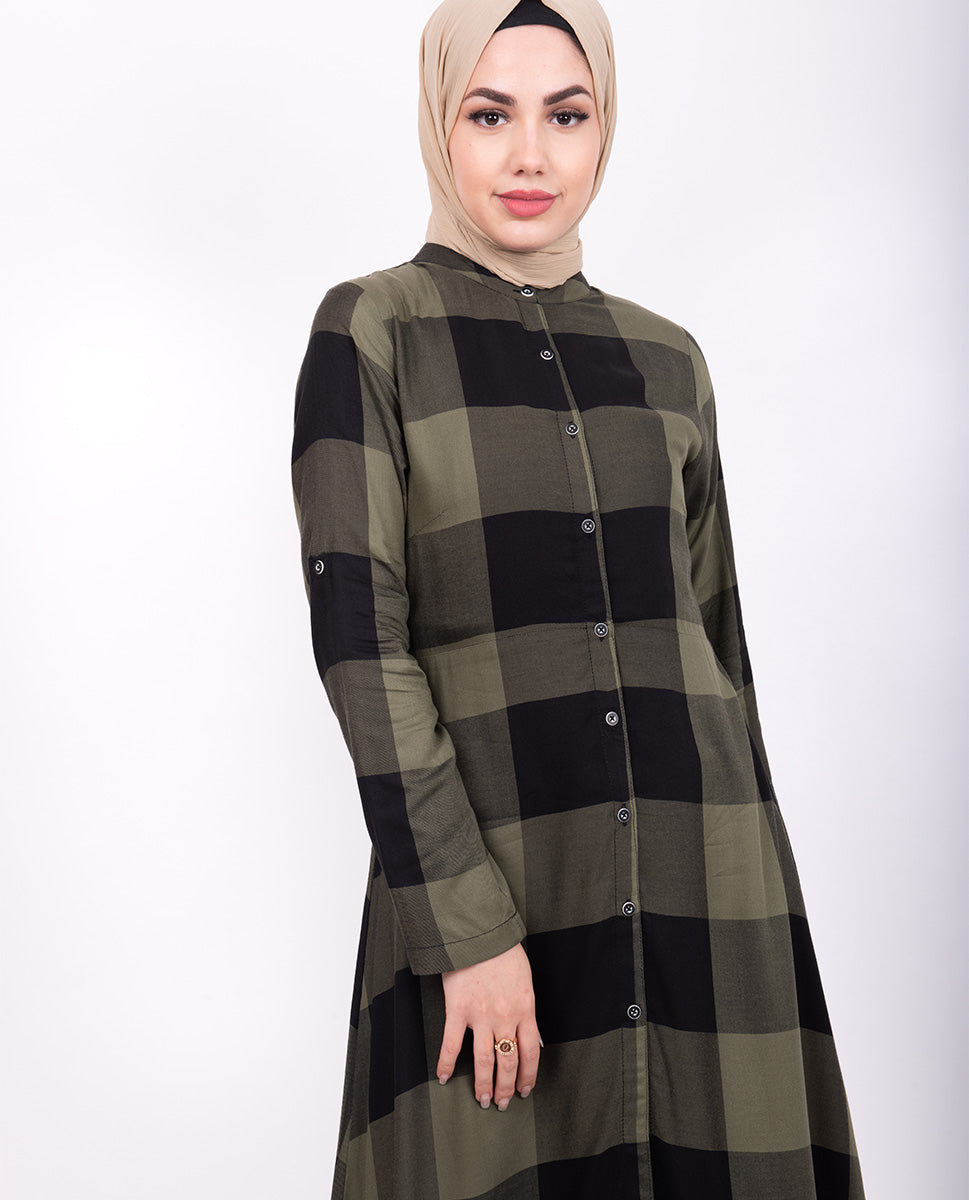 Olive Checkered High Low Shirt Dress