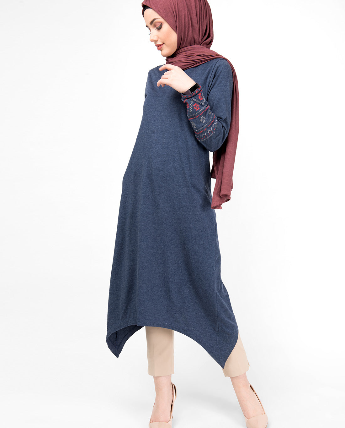 Blue Melange Embroidery Modest Top