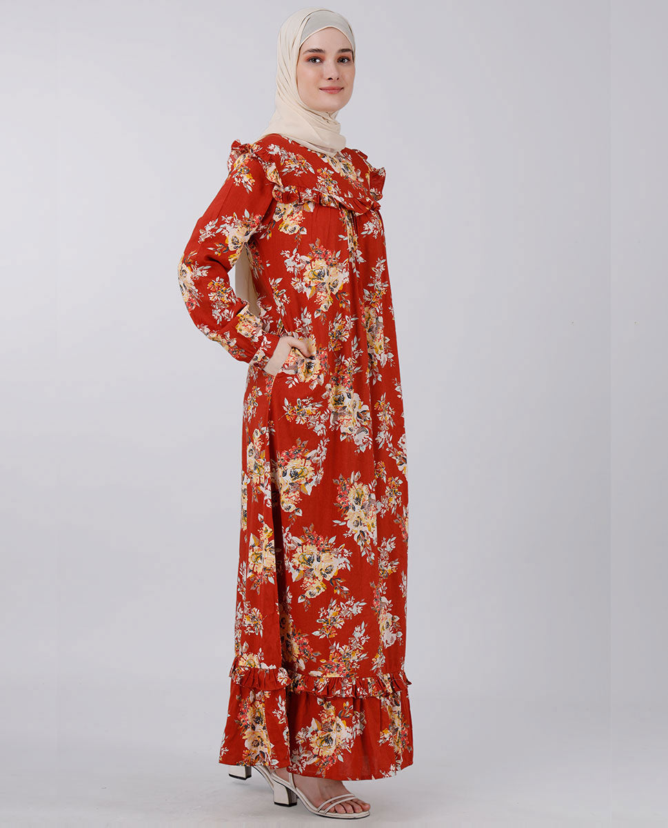 Puffed shoulder floral print abaya - Rust