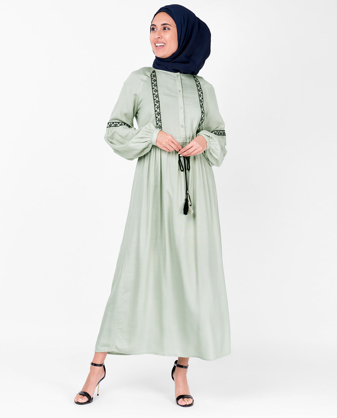 Embroidered Sea Fog Drawstring Midi Dress