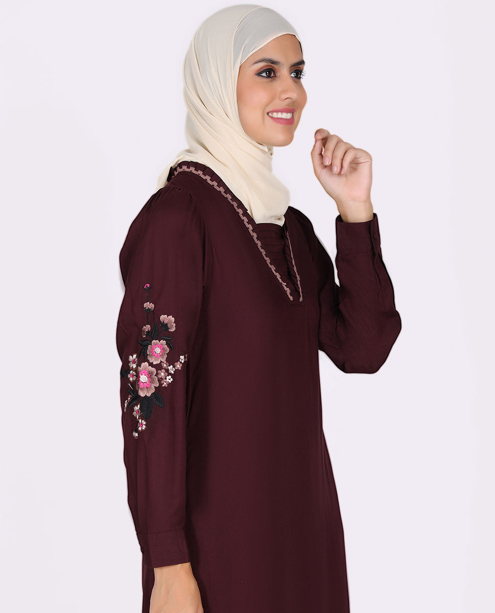 Frilled Neck Floral Embroidery Burgundy Abaya