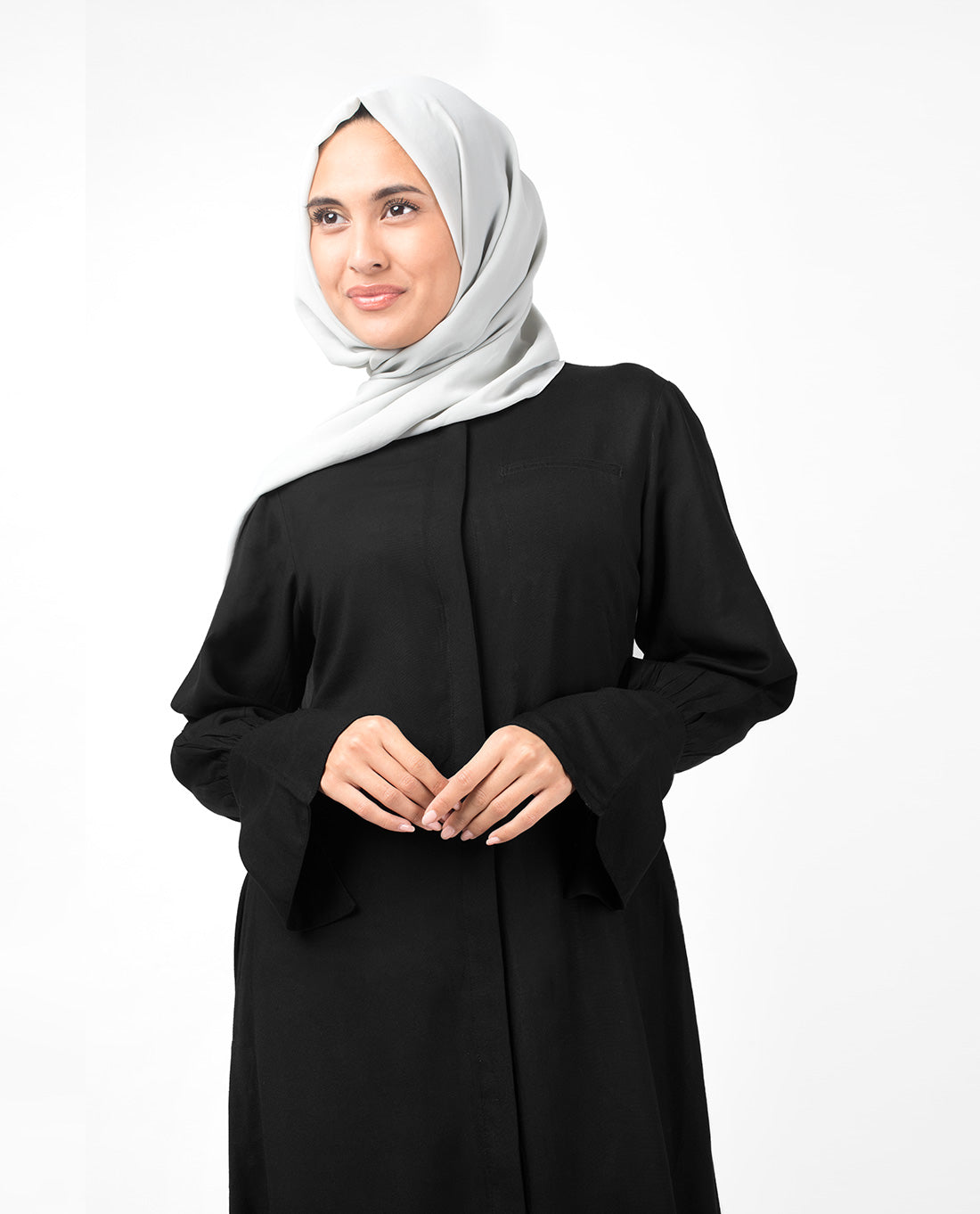 Full Front Open Black Bell Sleeve Abaya
