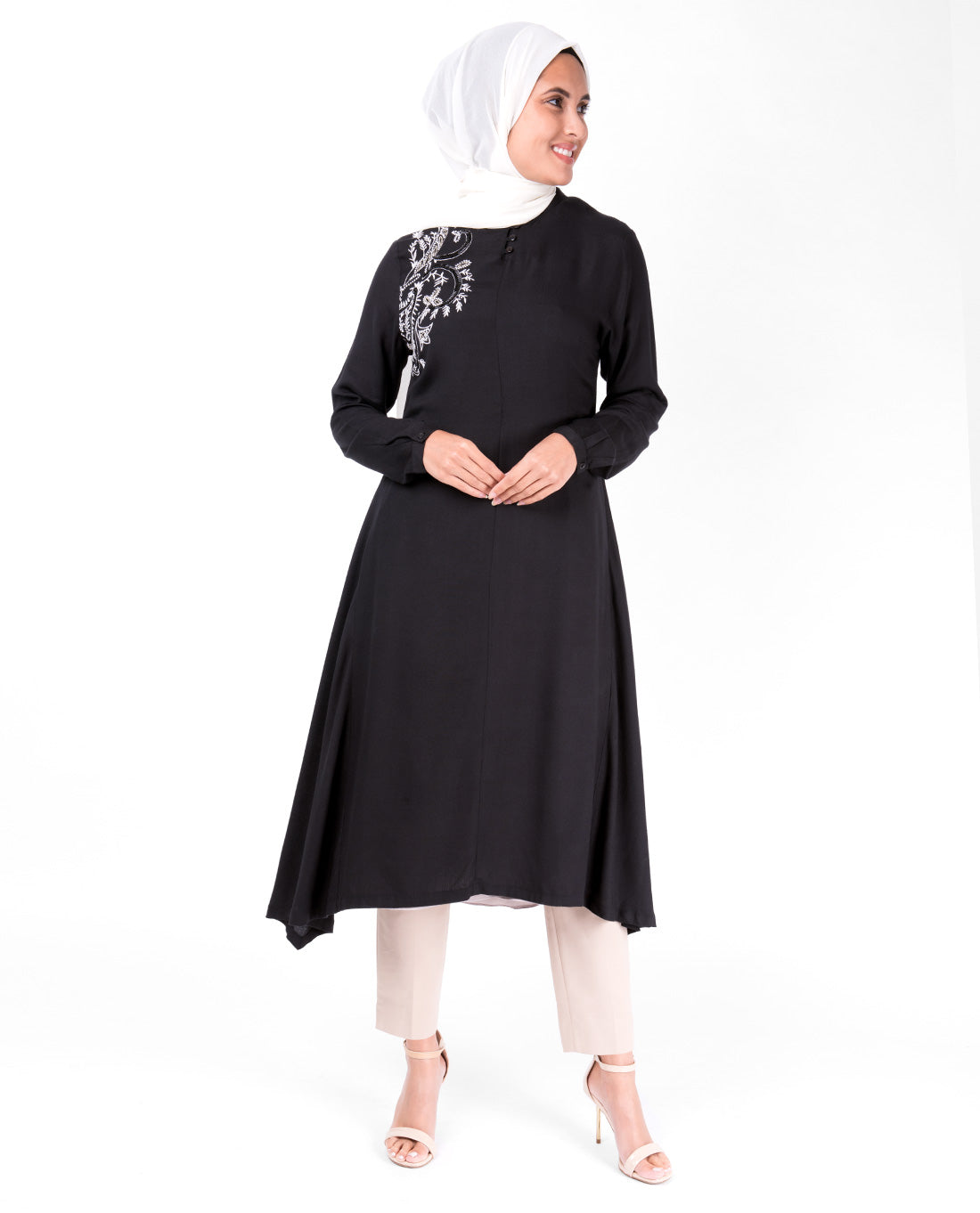 Black Mandarin Collar Embroidery Midi