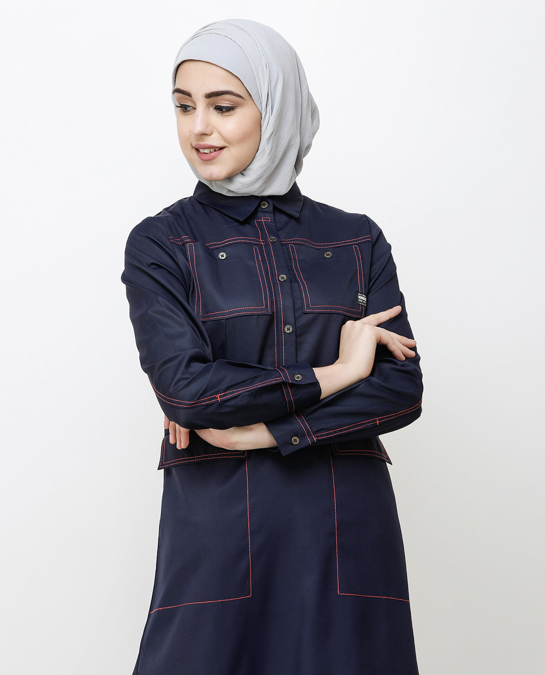 Navy Blue Patch Pockets Buttoned Jilbab