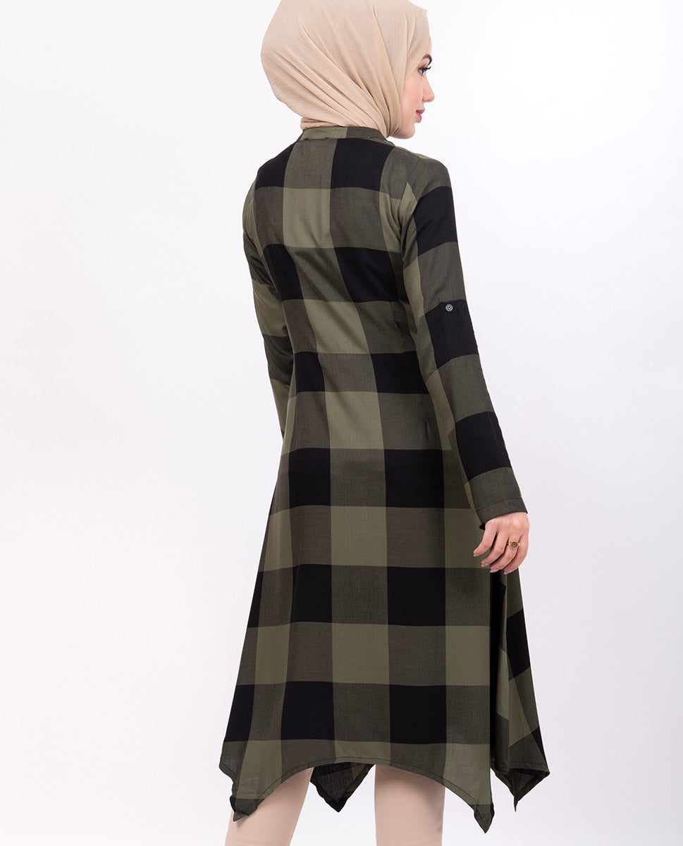 Olive Checkered High Low Shirt Dress