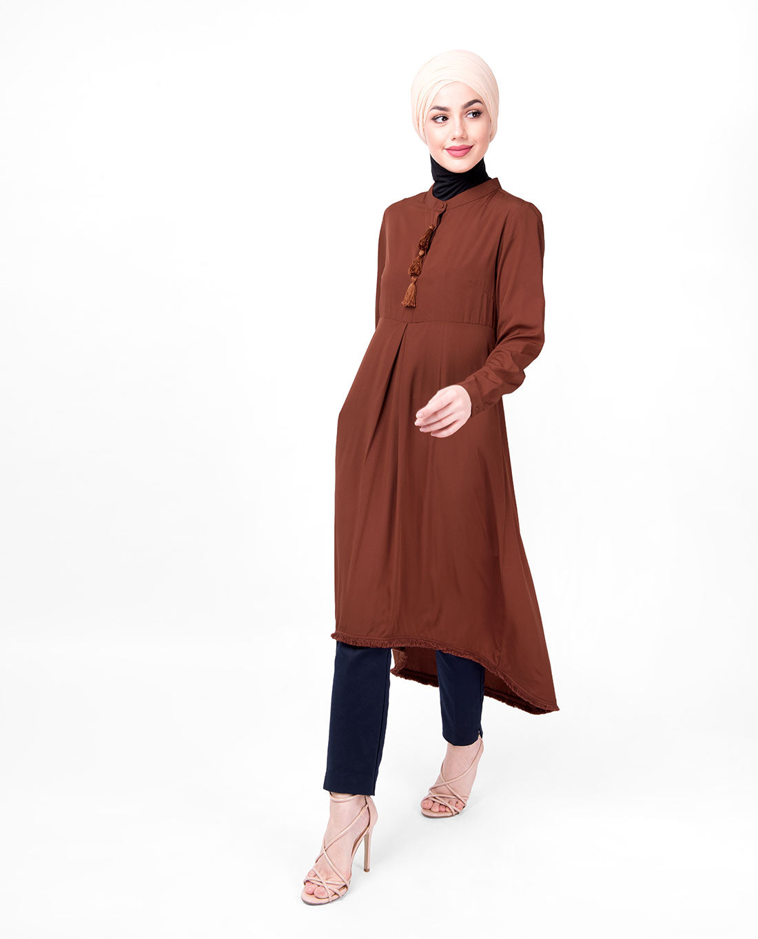 Rust Mandarin Collar High Low Midi Dress