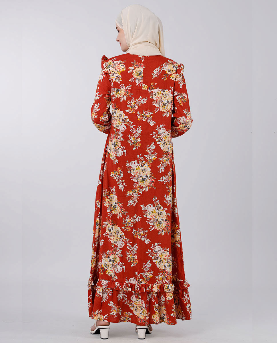 Puffed shoulder floral print abaya - Rust