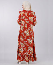 Puffed shoulder floral print abaya - Rust