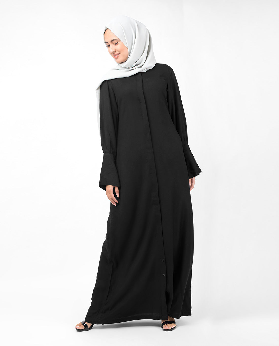 Full Front Open Black Bell Sleeve Abaya