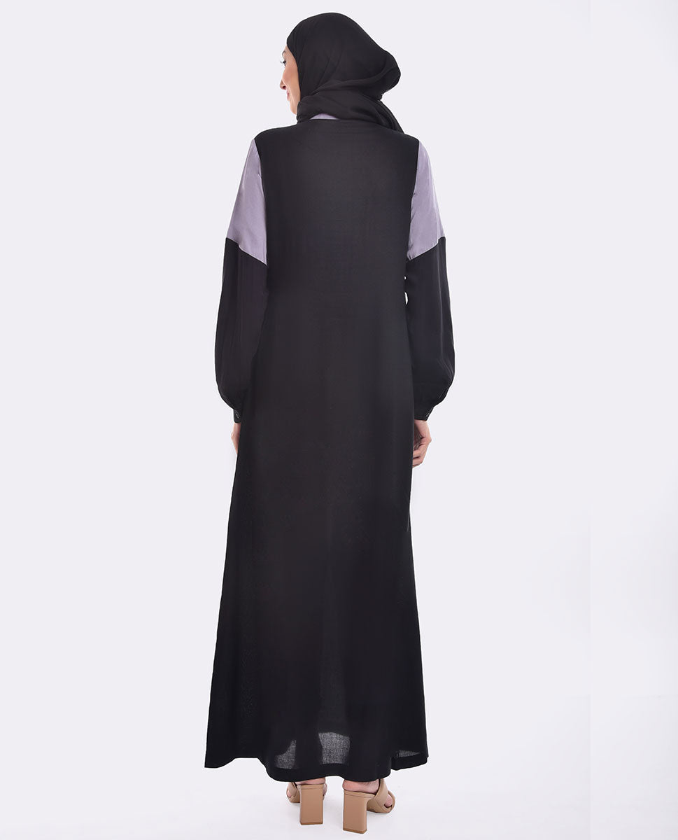 Black And Lilac Contrast Embroidered Jilbab