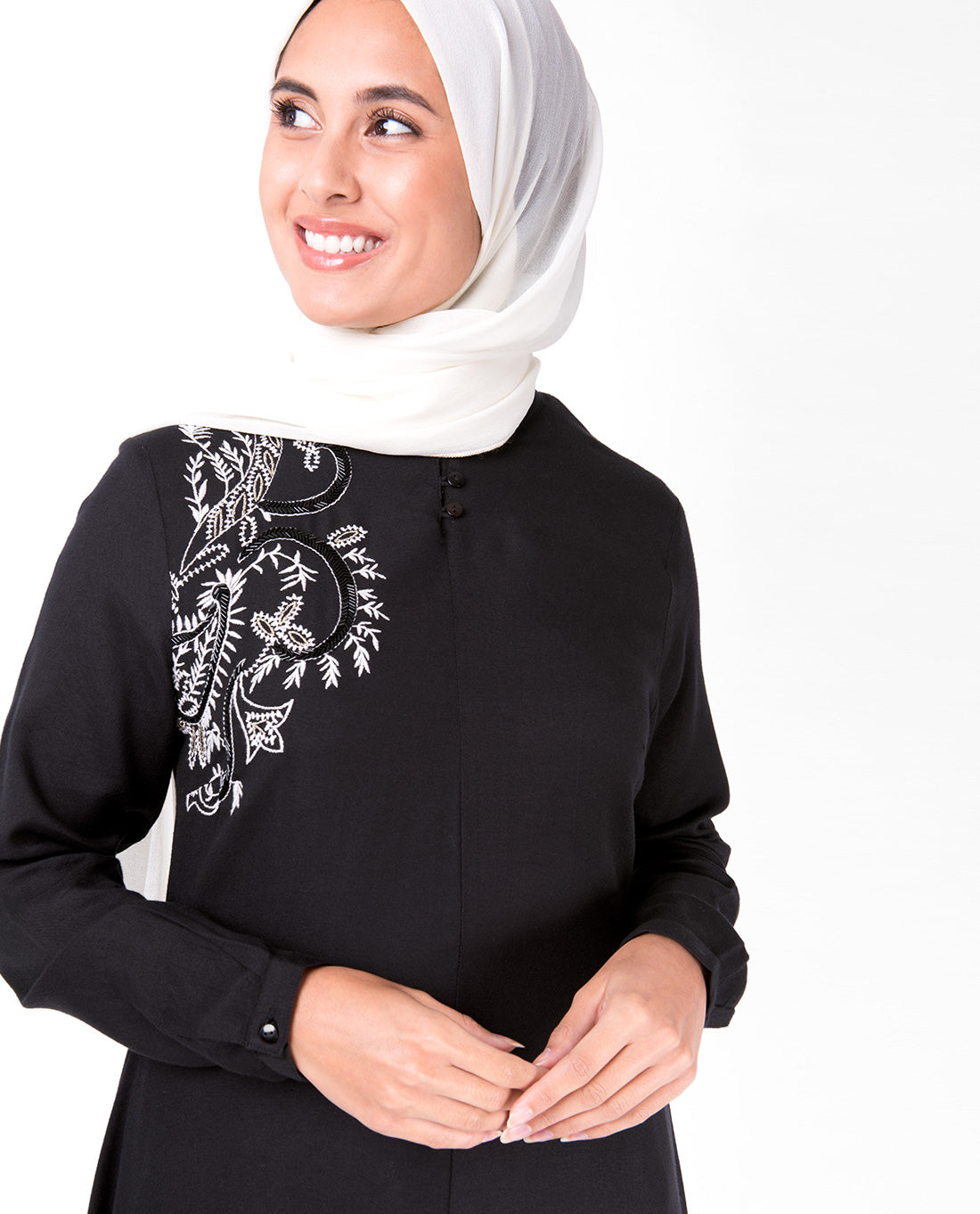 Black Mandarin Collar Embroidery Midi