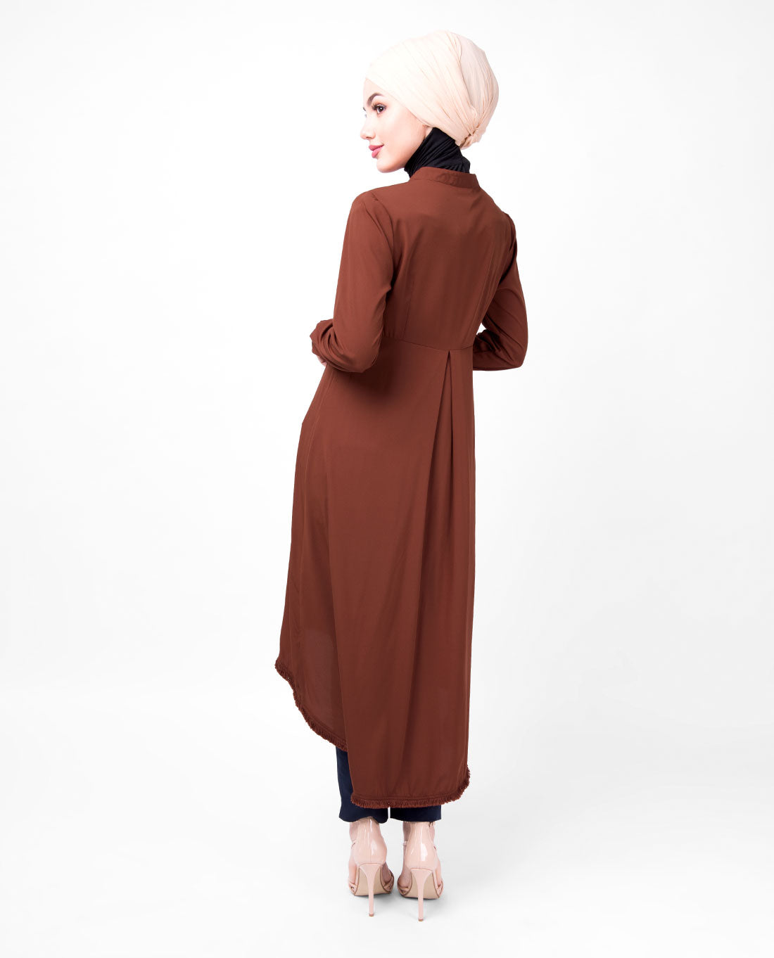 Rust Mandarin Collar High Low Midi Dress