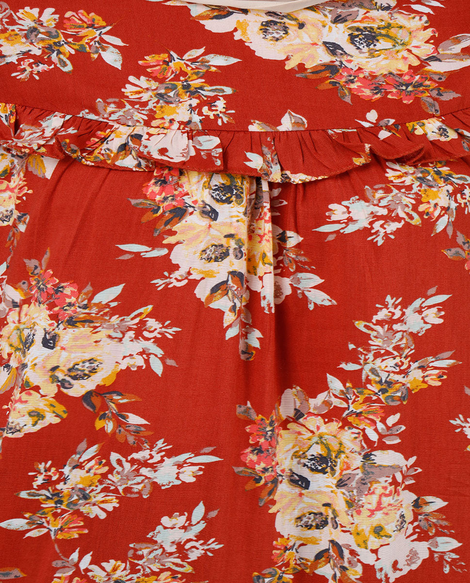 Puffed shoulder floral print abaya - Rust