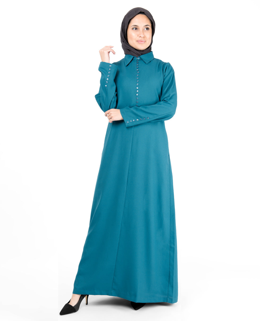 Deep Teal Fabric Button Abaya