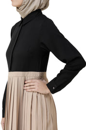 Black & Sand Pleated Skirt Abaya