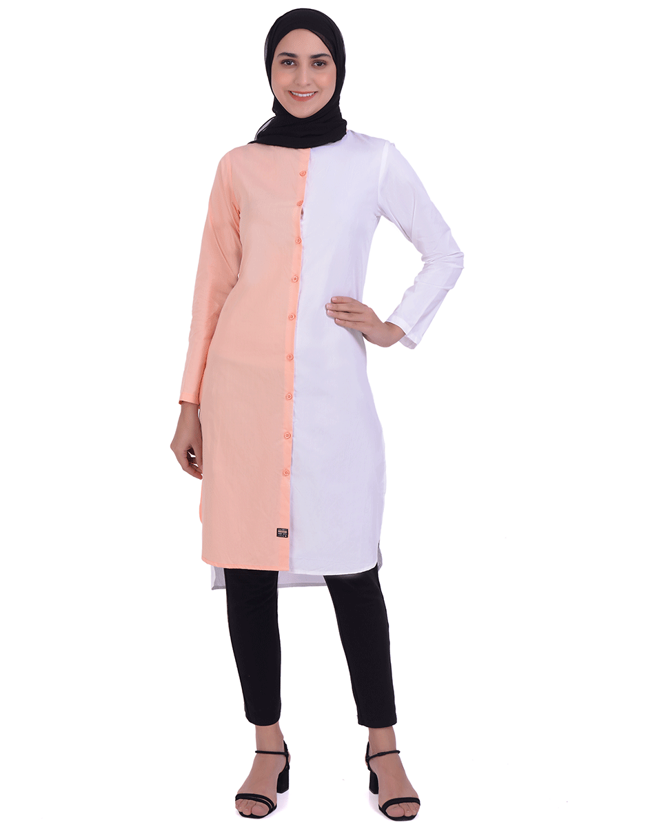White & Pink Colour Block Shirt Dress