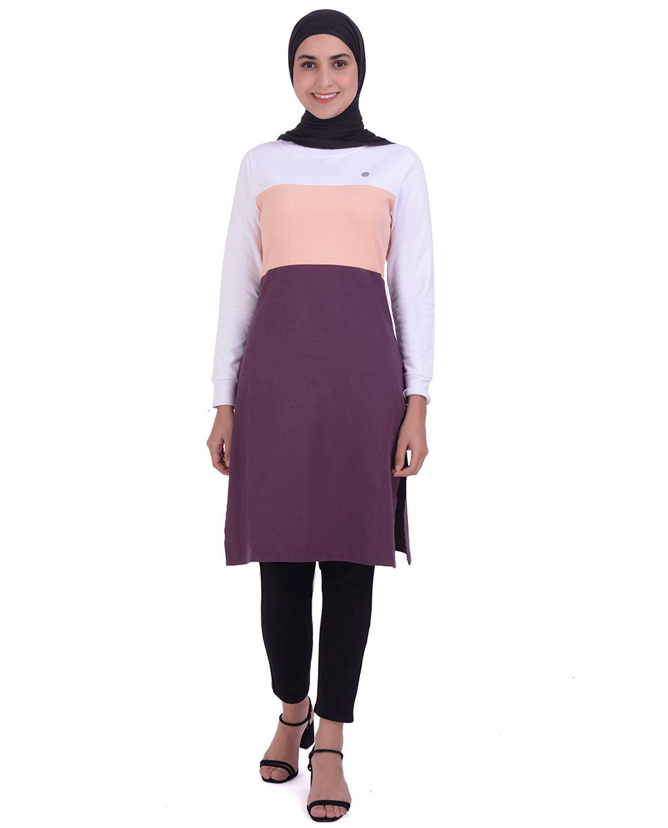 Plum Twill & Jersey Colour Block Top