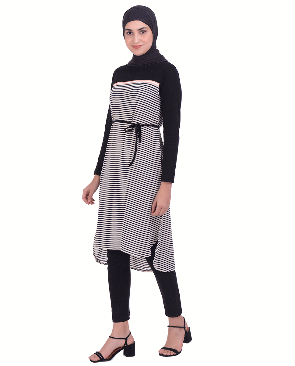 White With Contrast Striper Print Midi