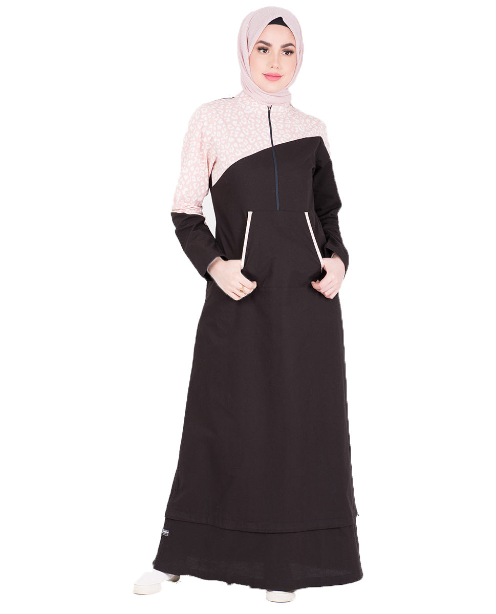 Black & Baby Pink Print Jilbab