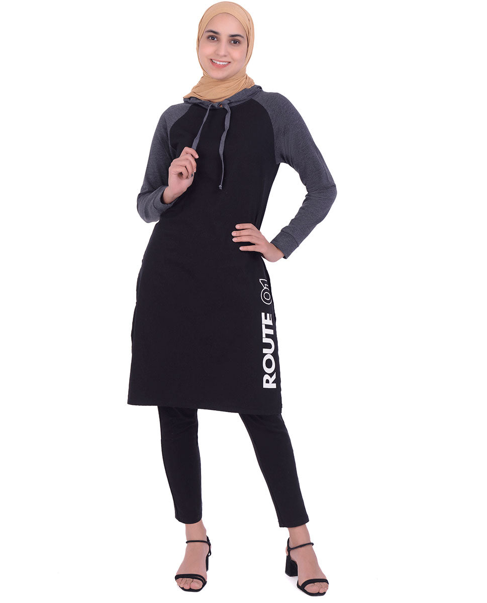 Black & Navy Raglan Hoody With Print