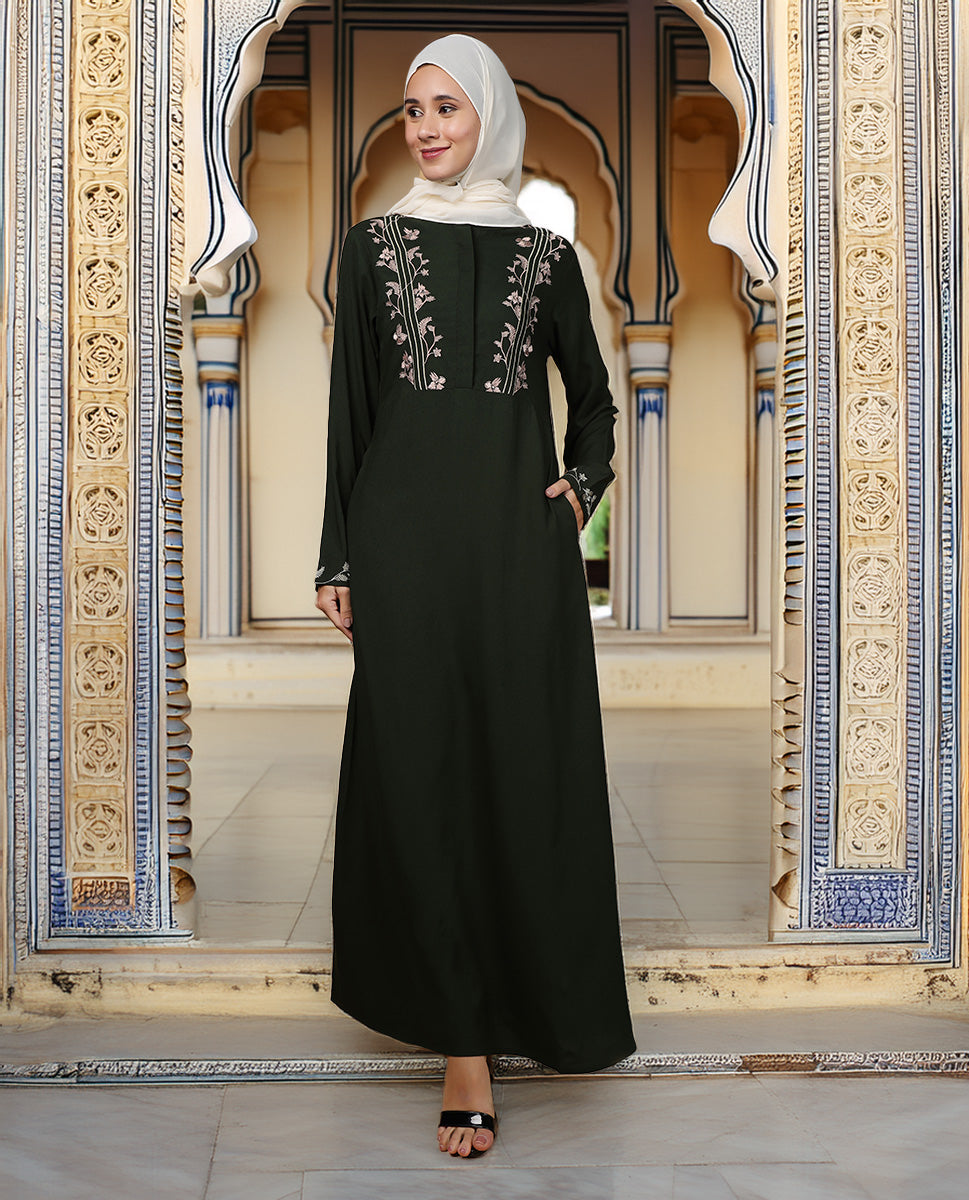 Threadplay Bottle Green Embroidered Abaya