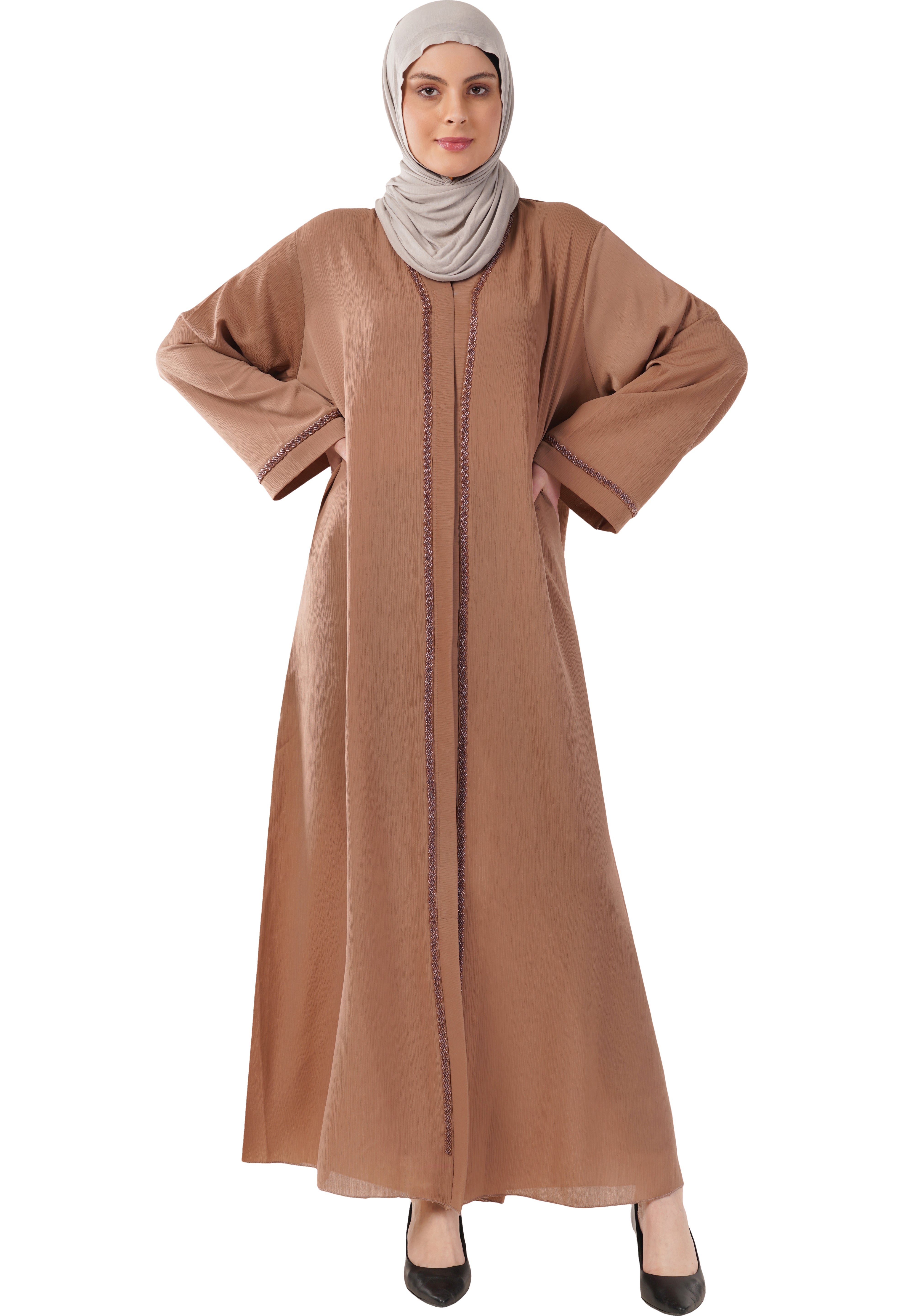 Brown Front Open Embellished Strip Abaya