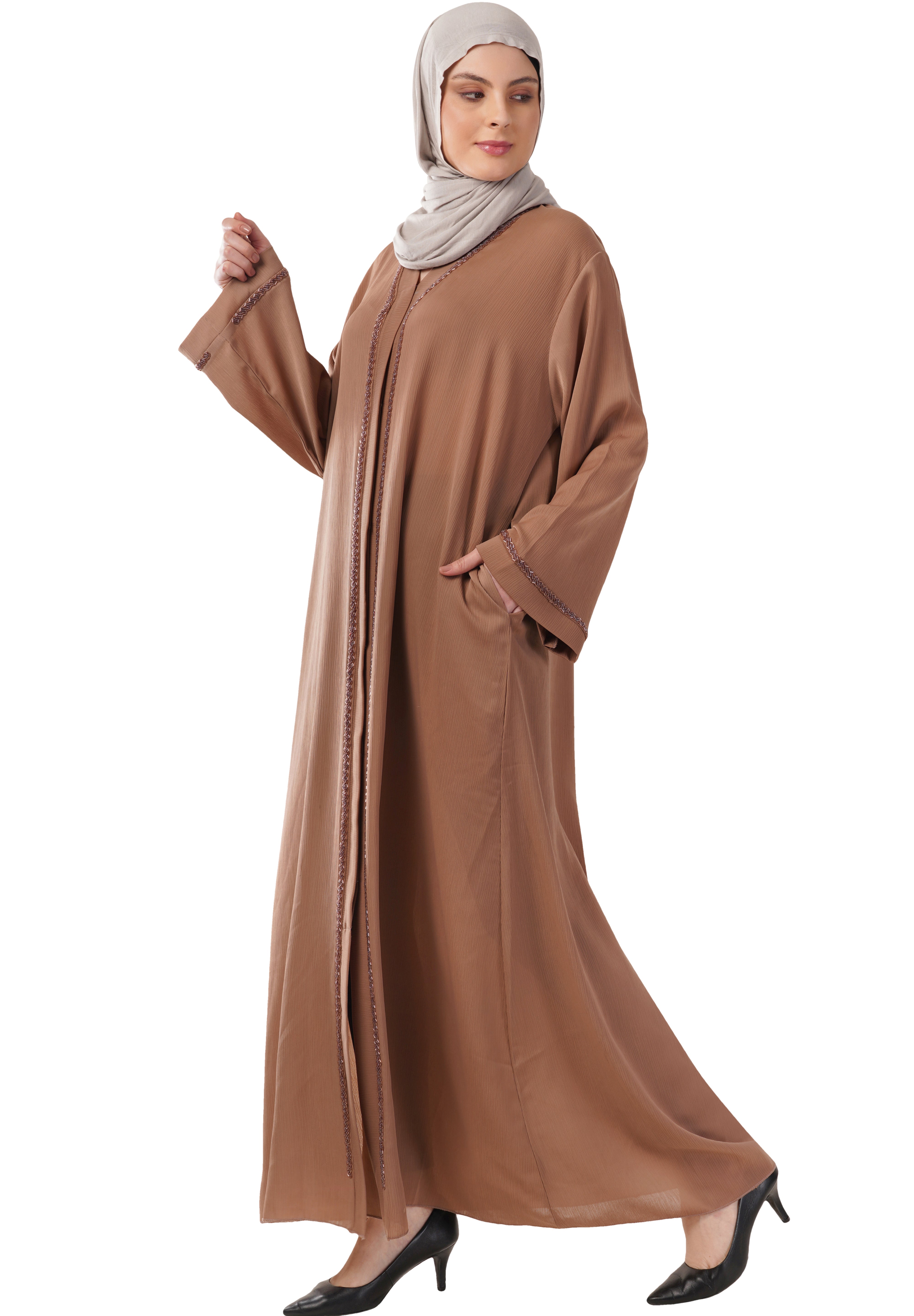 Brown Front Open Embellished Strip Abaya