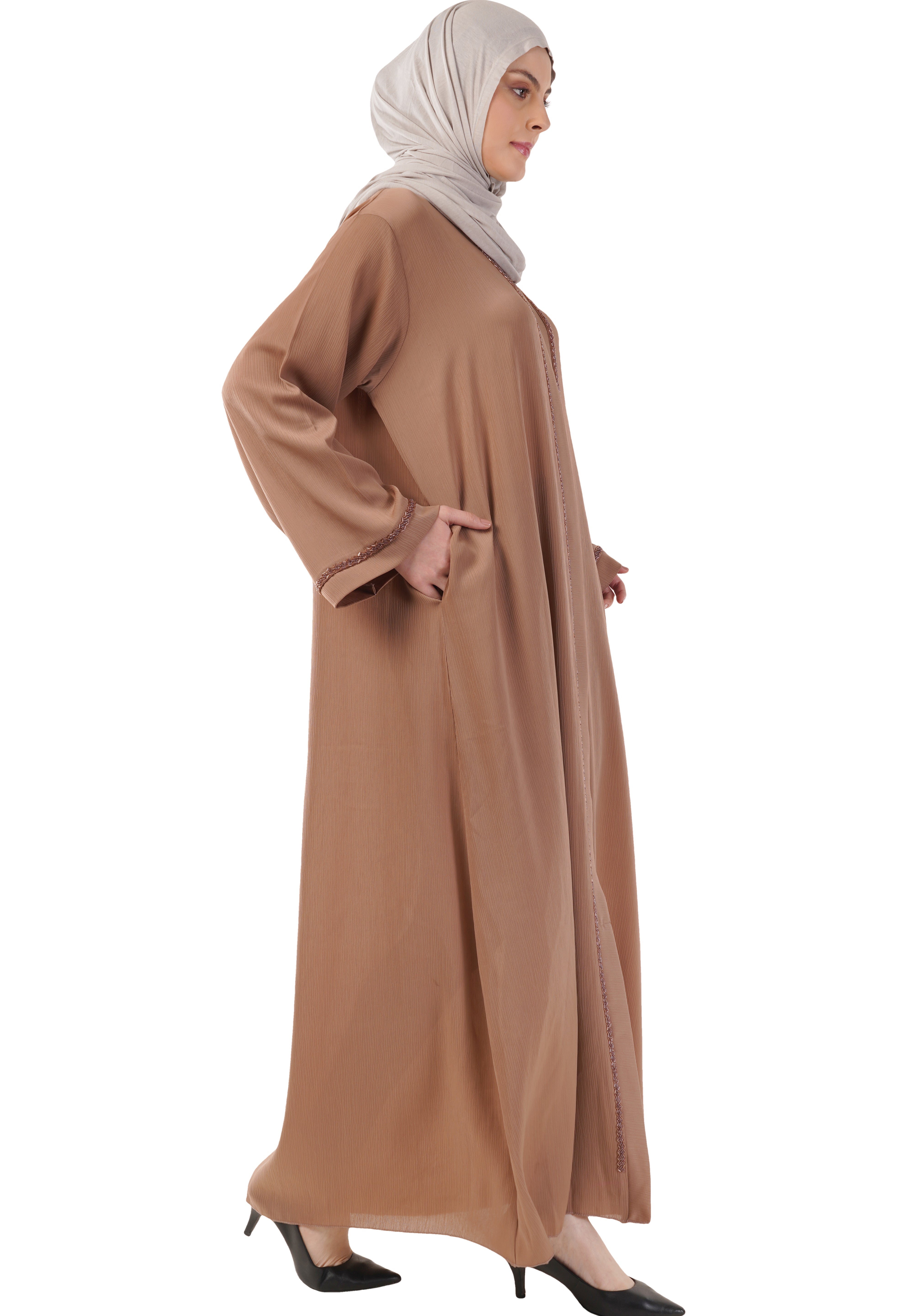 Brown Front Open Embellished Strip Abaya
