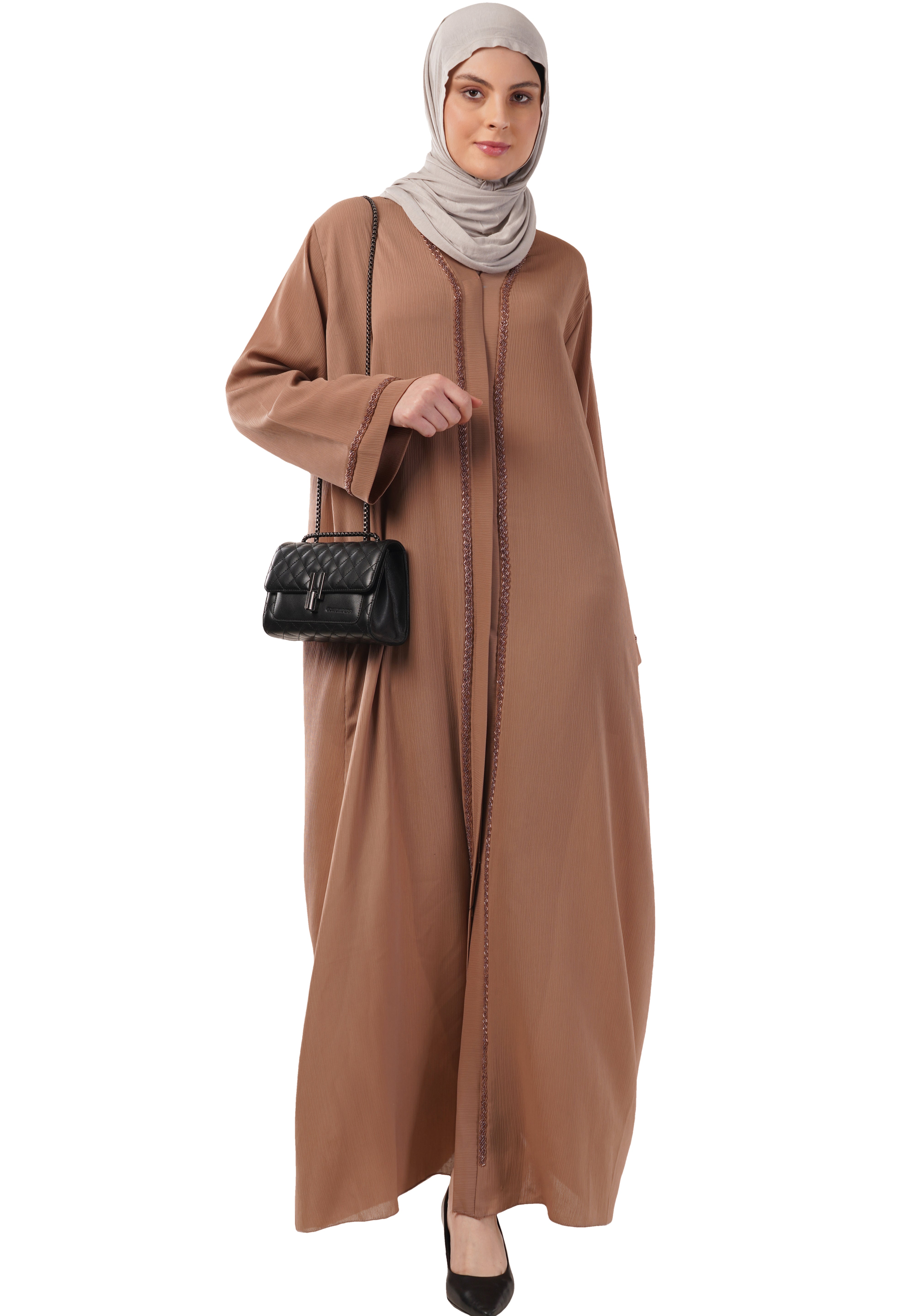 Brown Front Open Embellished Strip Abaya
