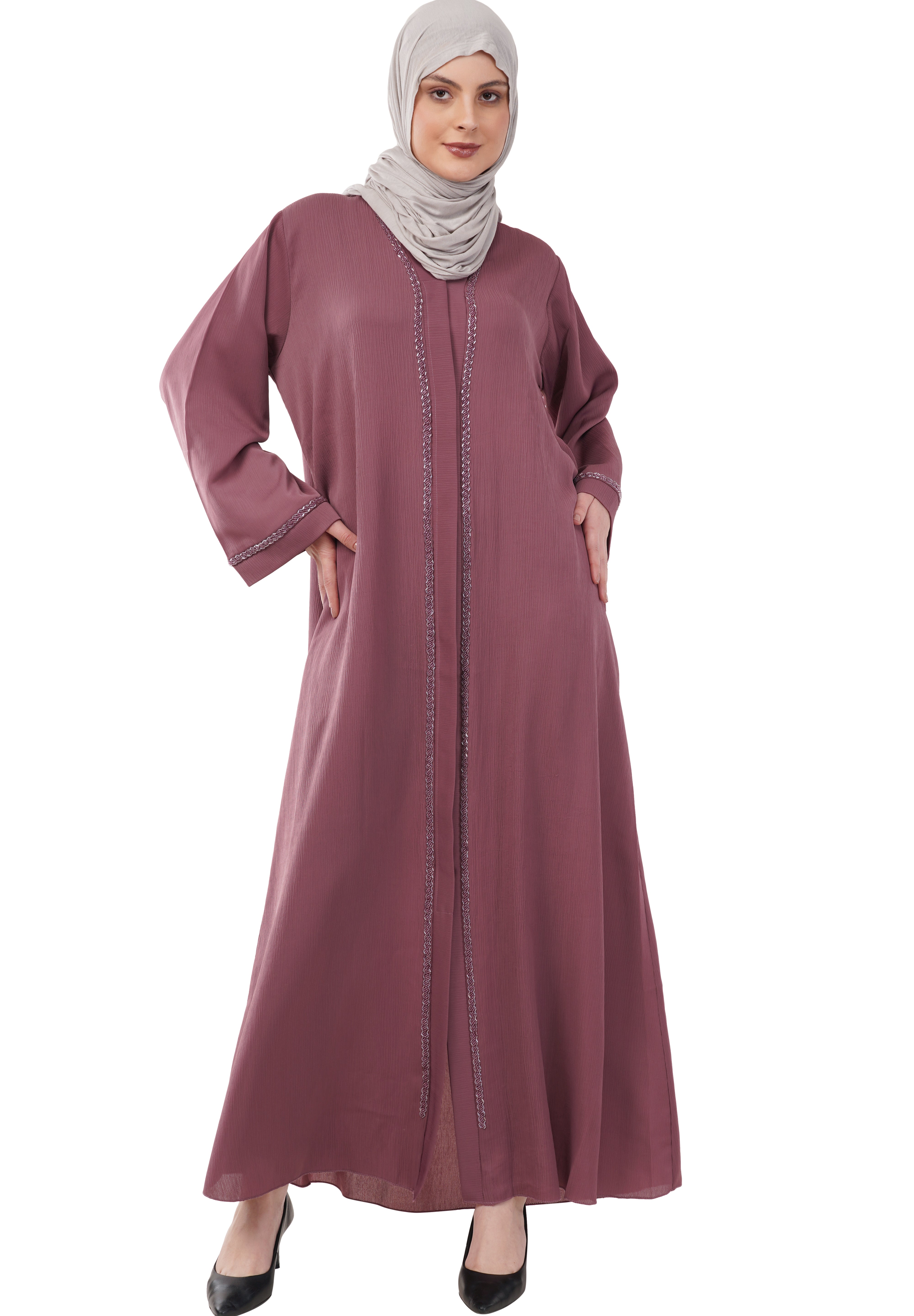 Purple Front Open Embellished Strip Abaya