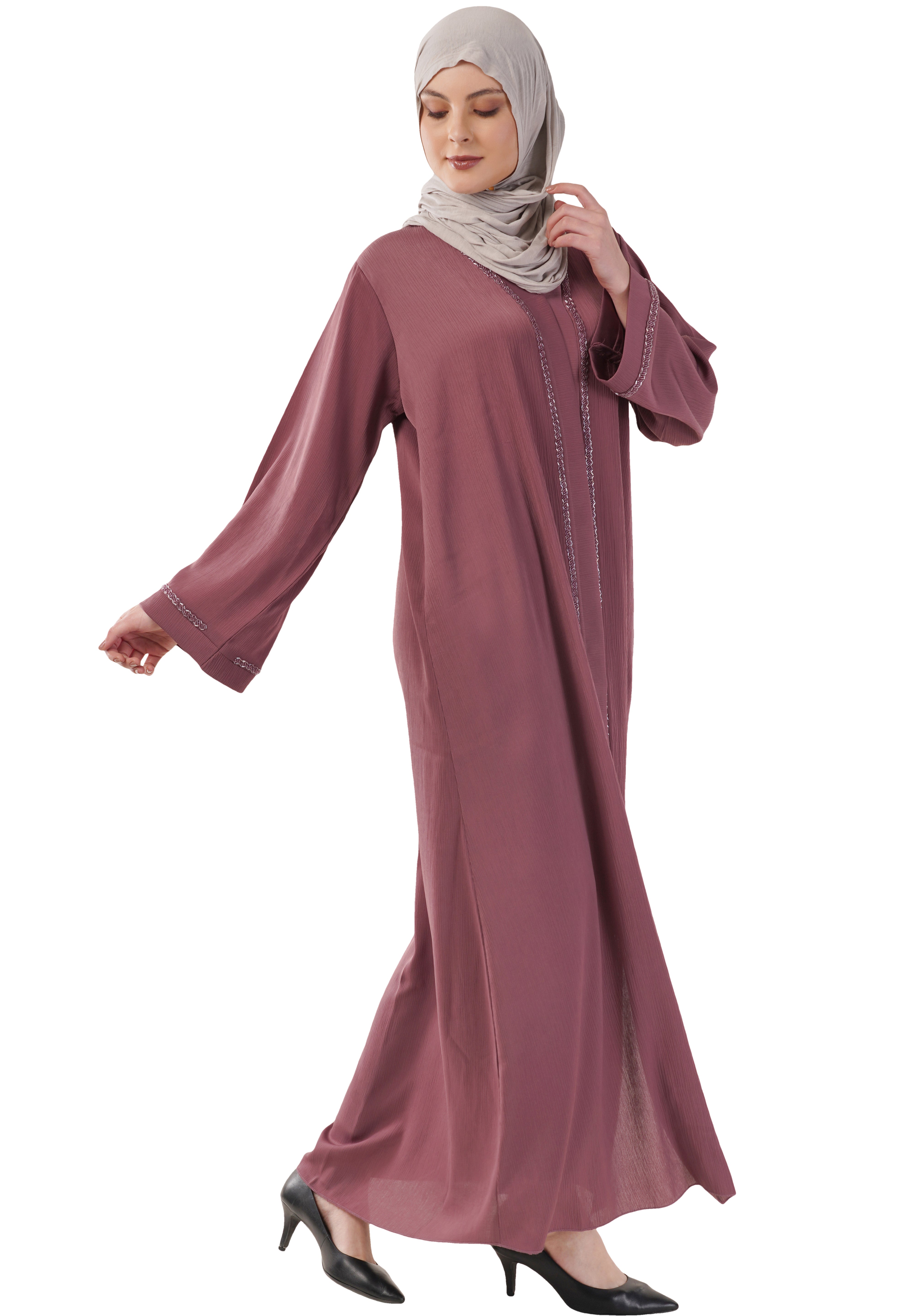 Purple Front Open Embellished Strip Abaya