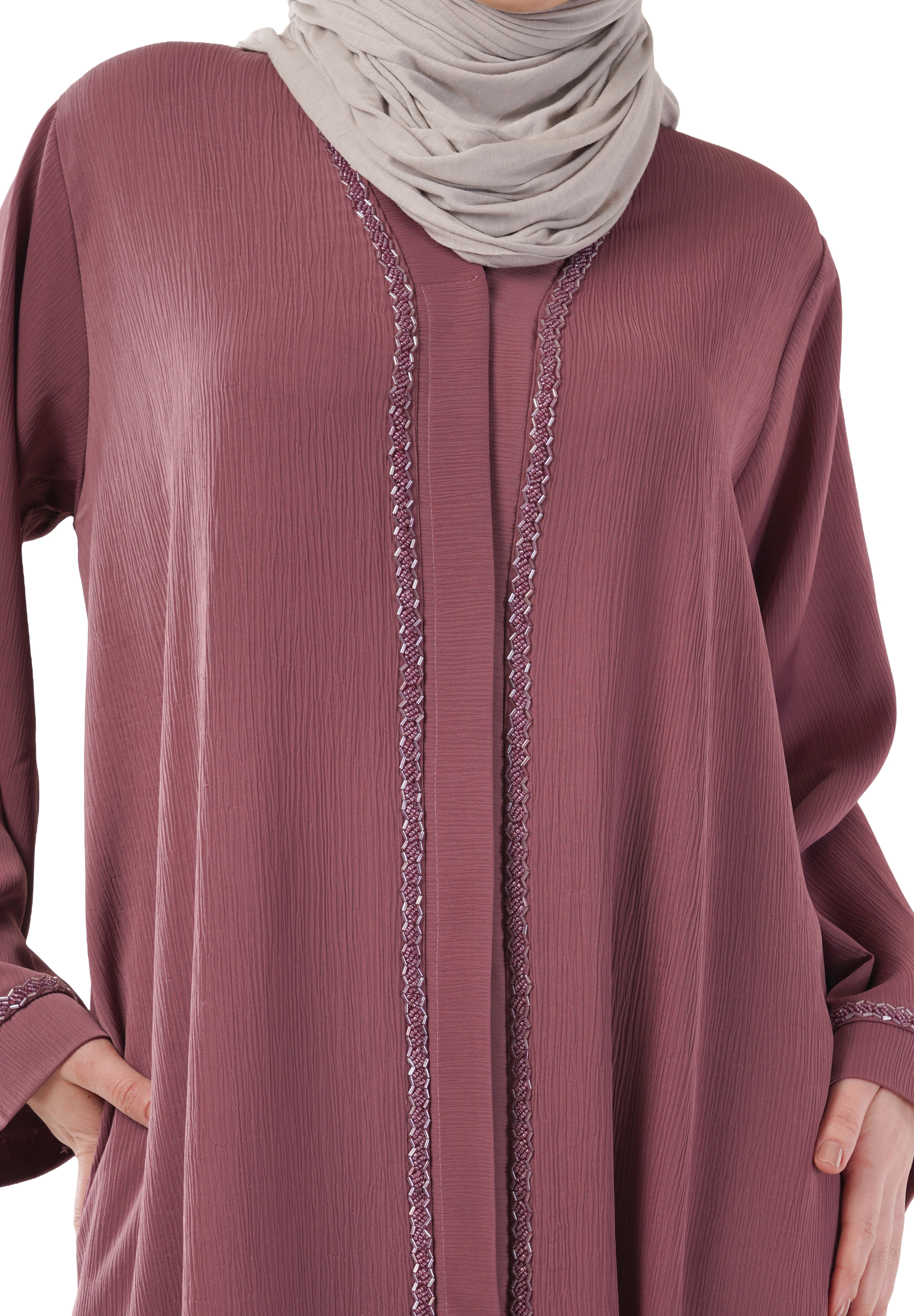 Purple Front Open Embellished Strip Abaya