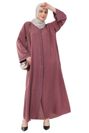 Purple Front Open Embellished Strip Abaya