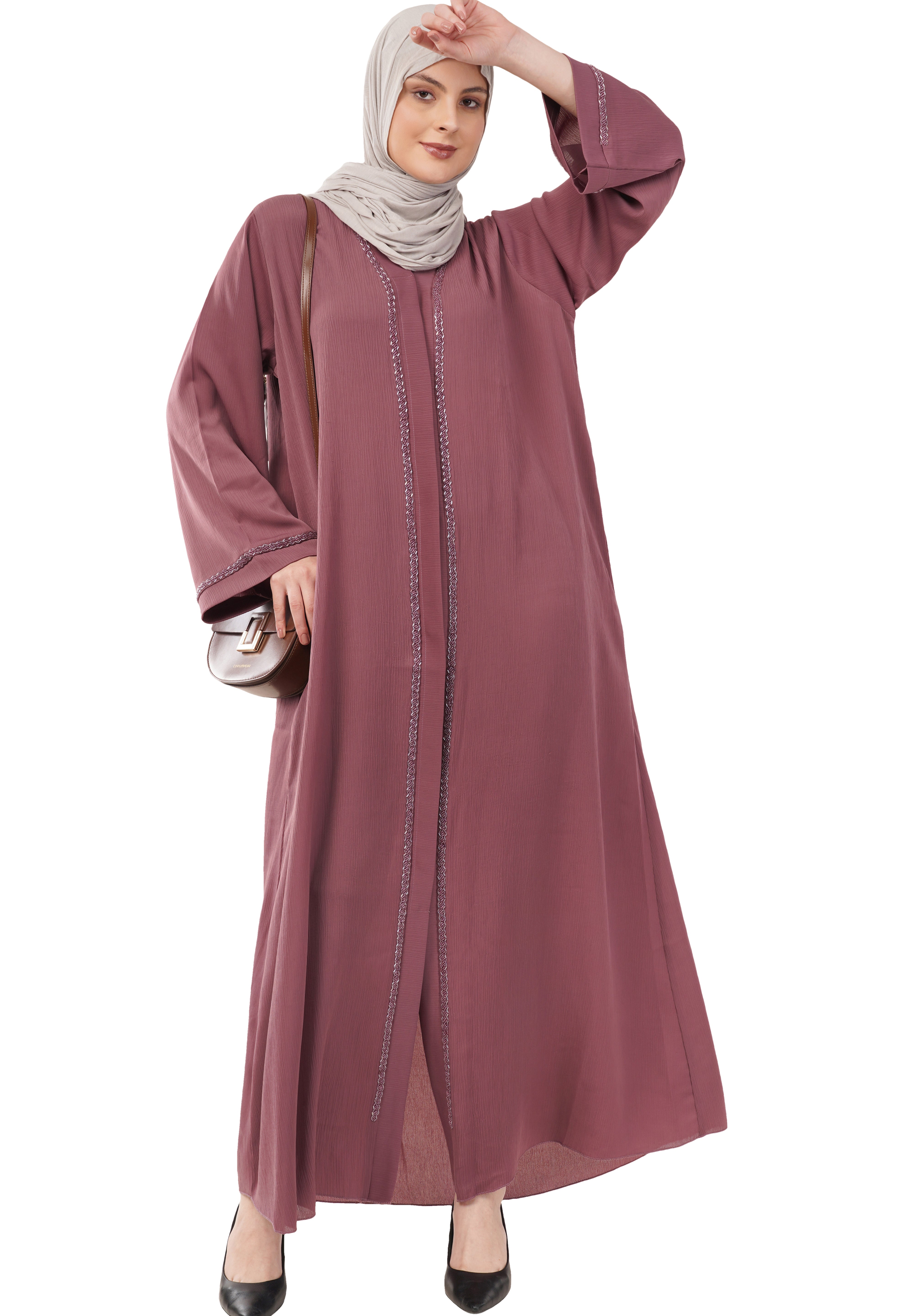 Purple Front Open Embellished Strip Abaya