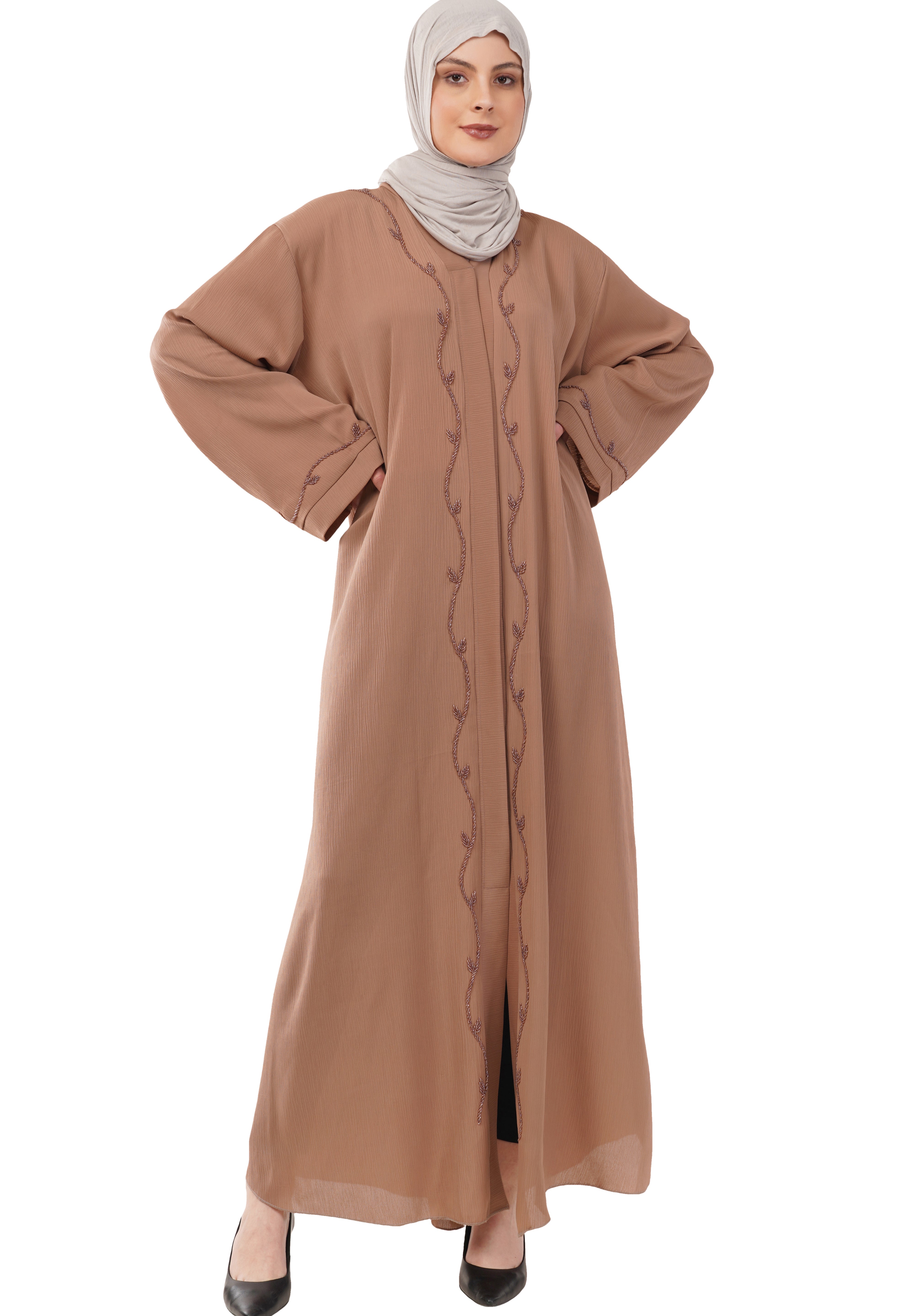 Brown Front Open Embellished Vine Abaya