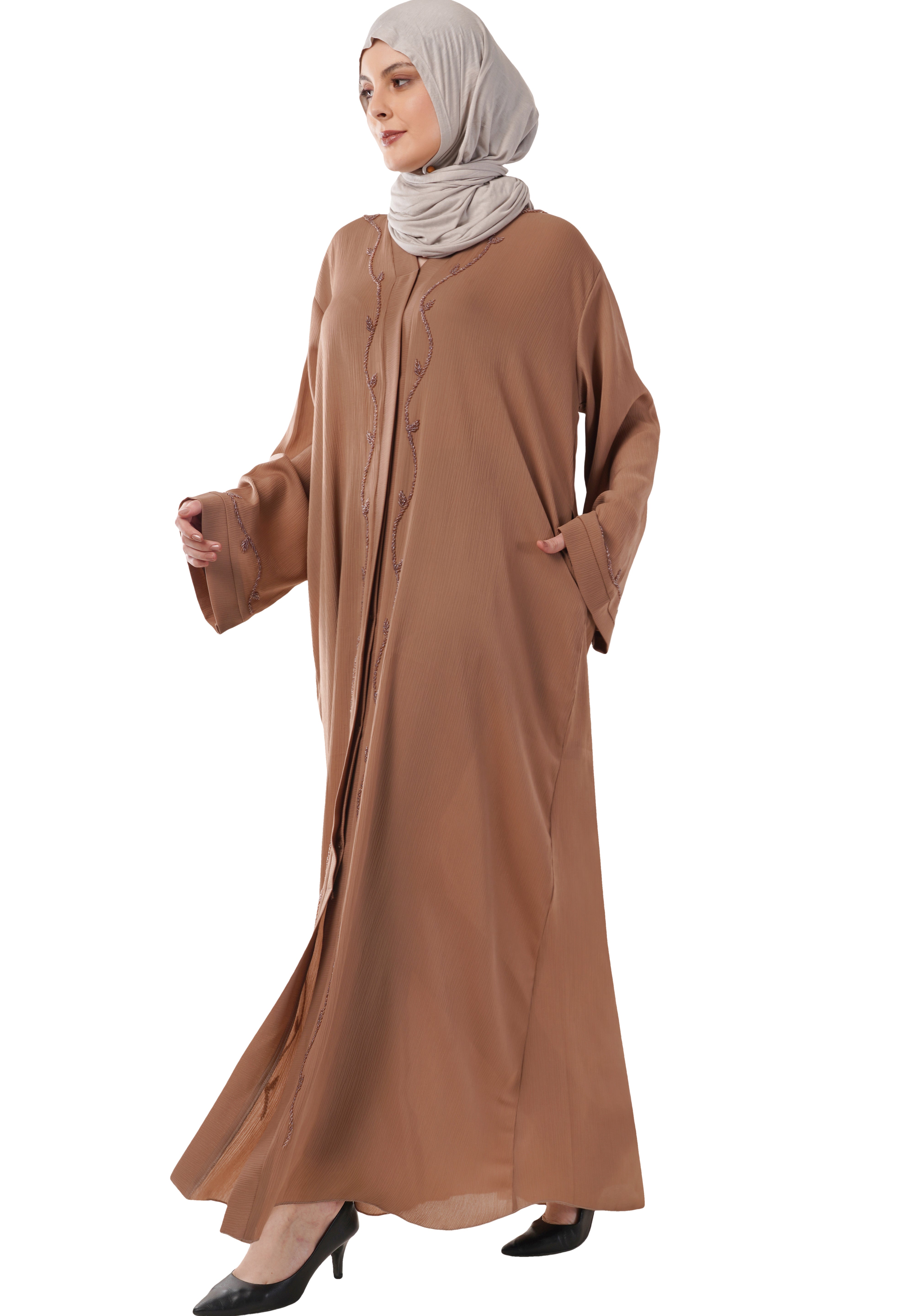 Brown Front Open Embellished Vine Abaya