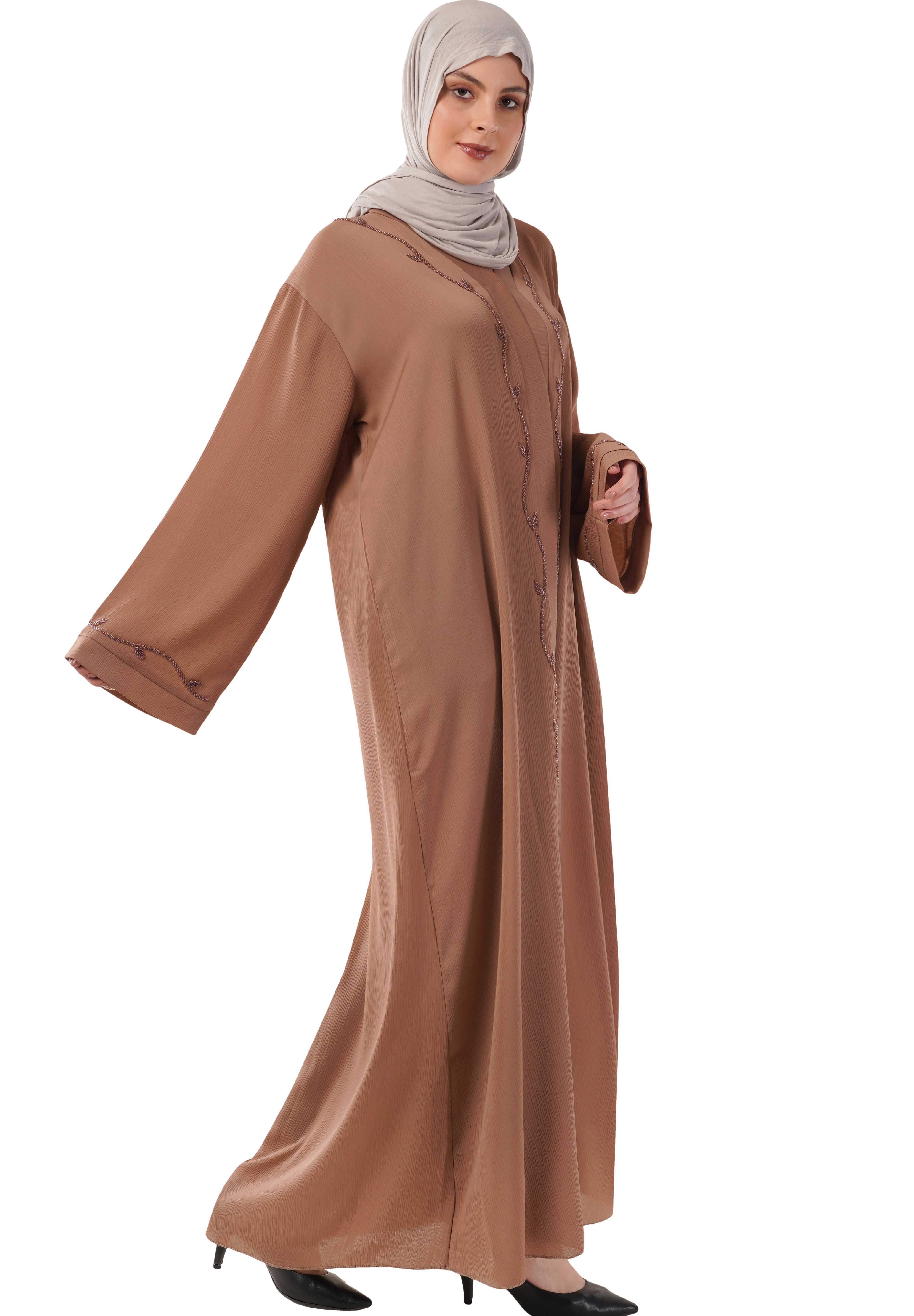 Brown Front Open Embellished Vine Abaya