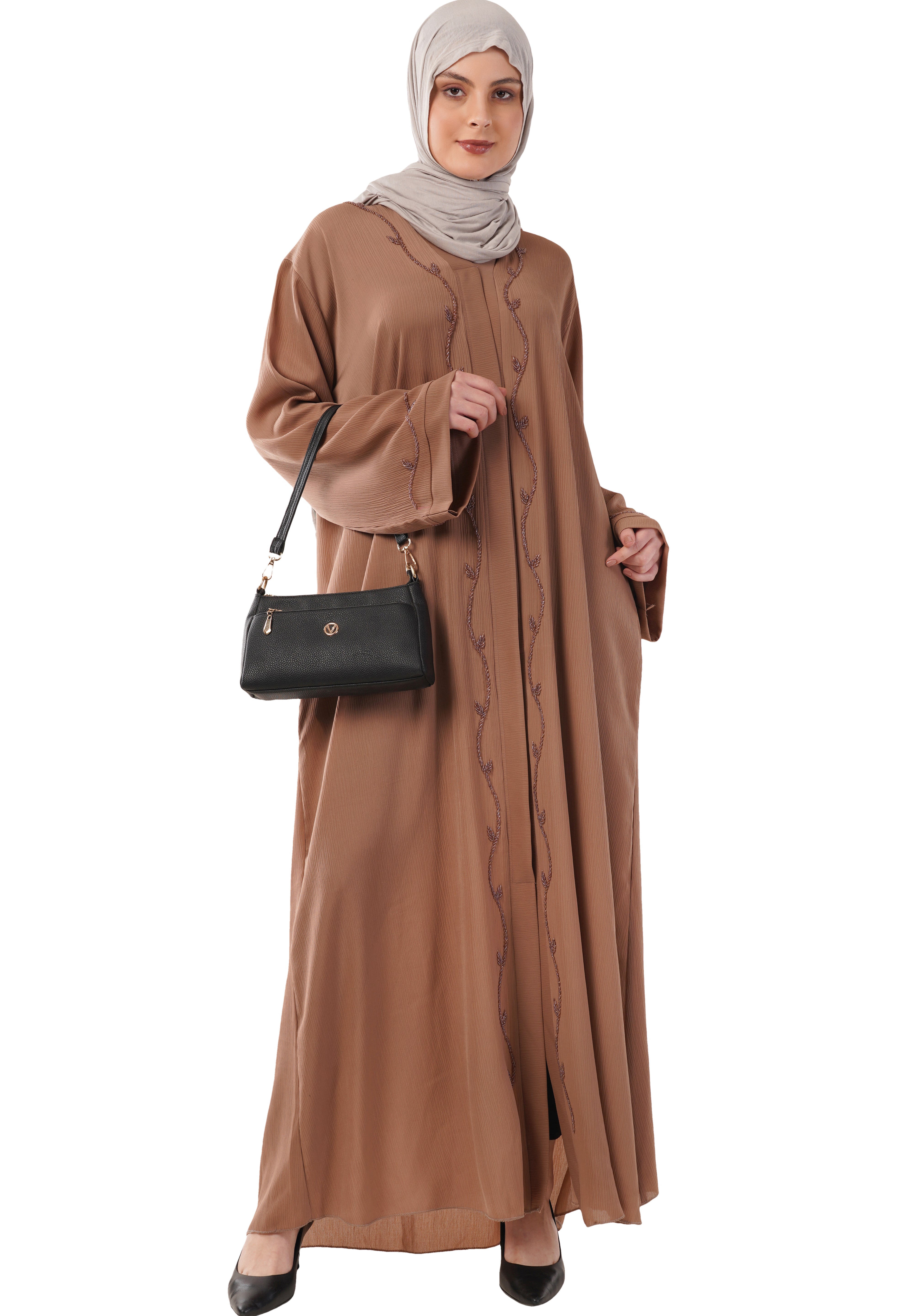 Brown Front Open Embellished Vine Abaya