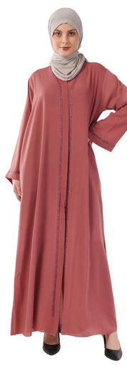 Pink Front Open Embellished Strip Abaya