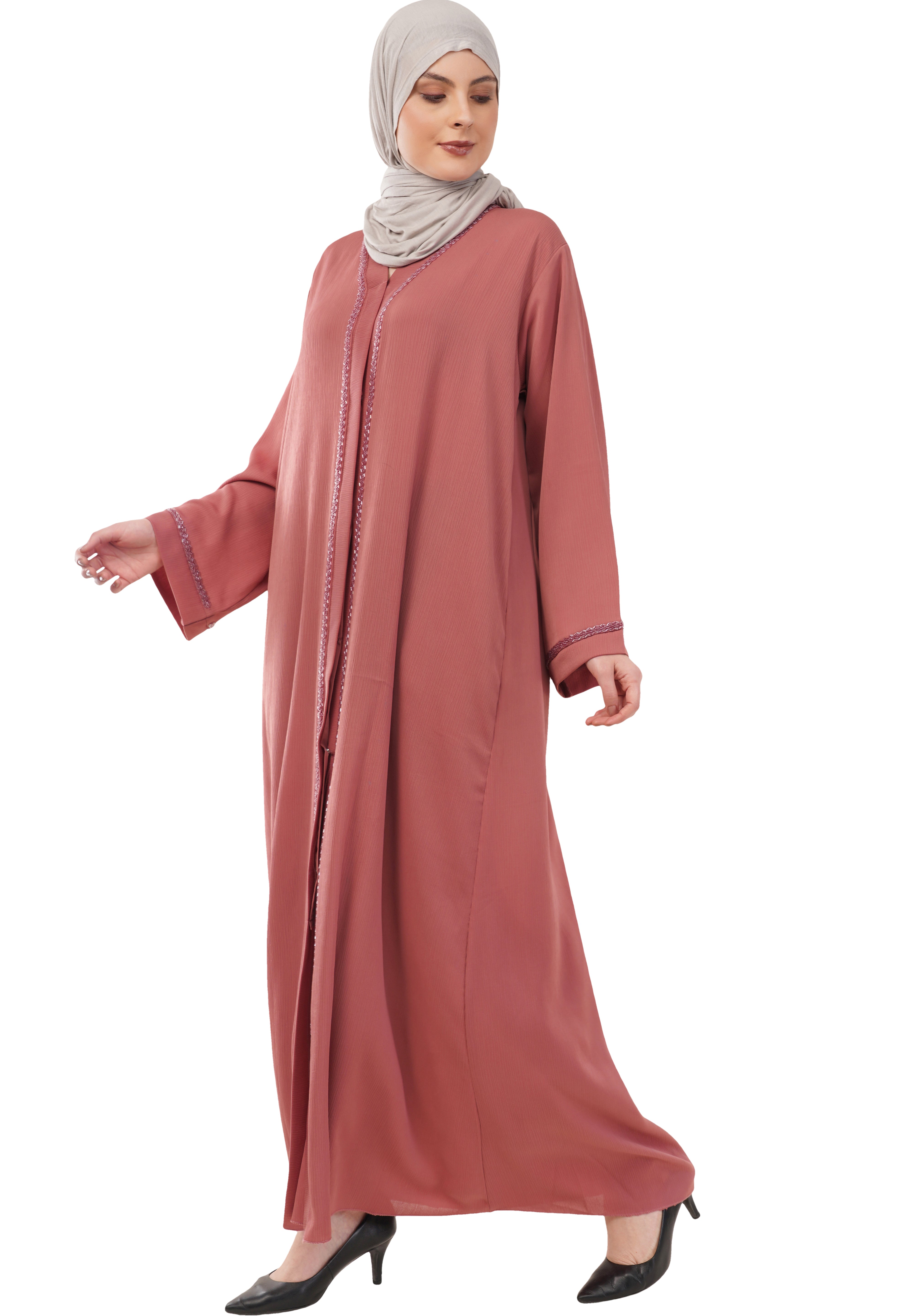 Pink Front Open Embellished Strip Abaya