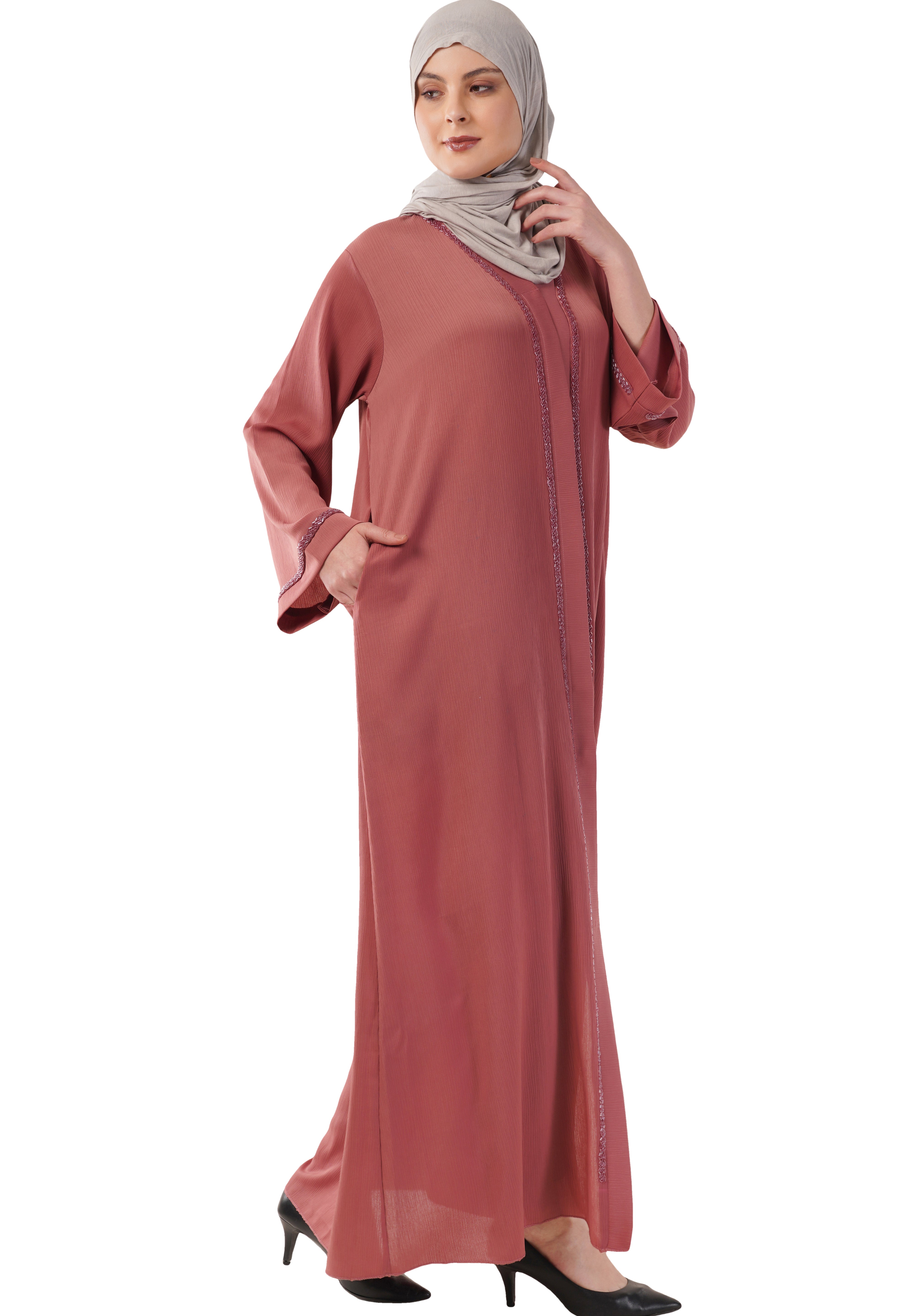 Pink Front Open Embellished Strip Abaya