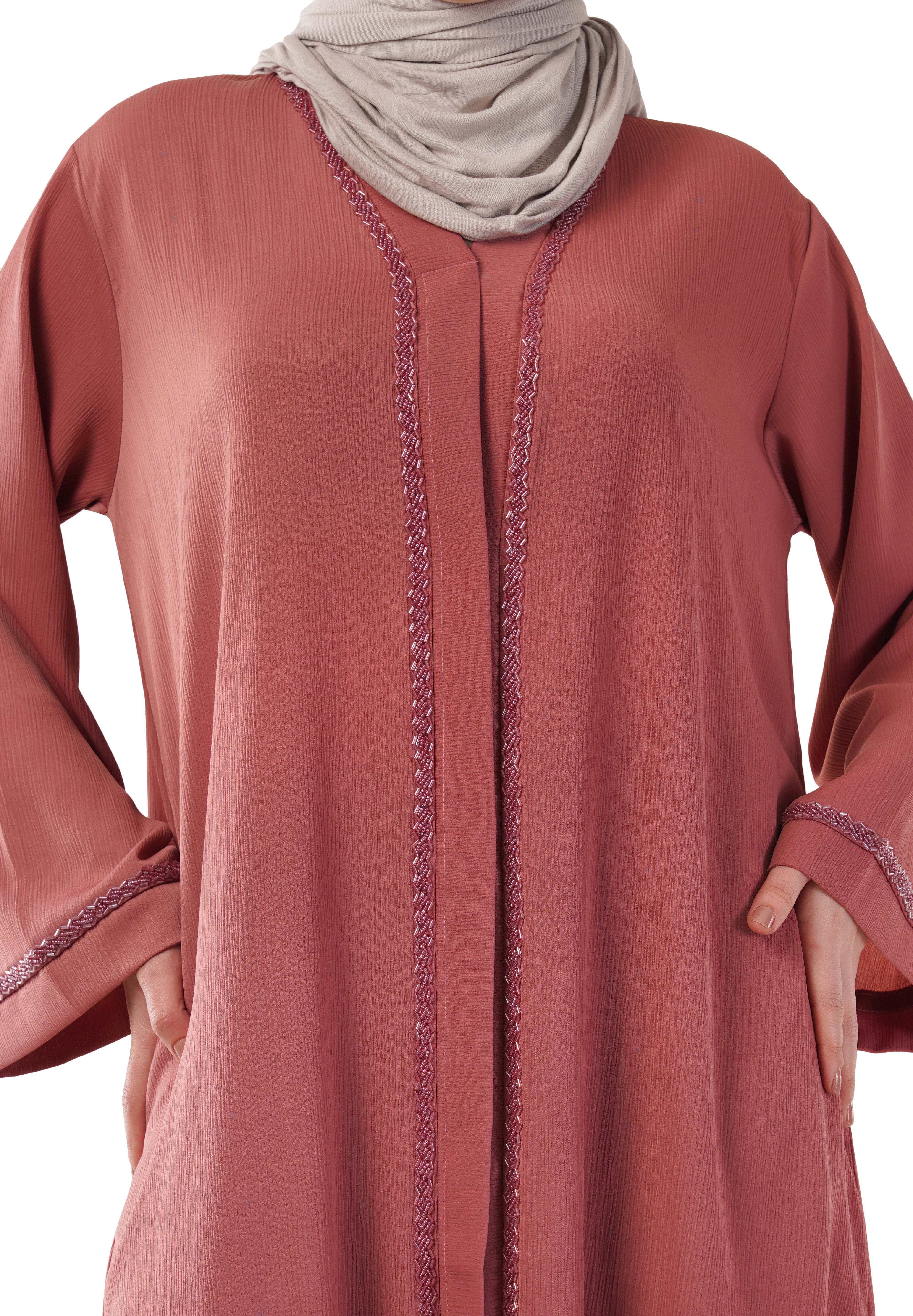 Pink Front Open Embellished Strip Abaya