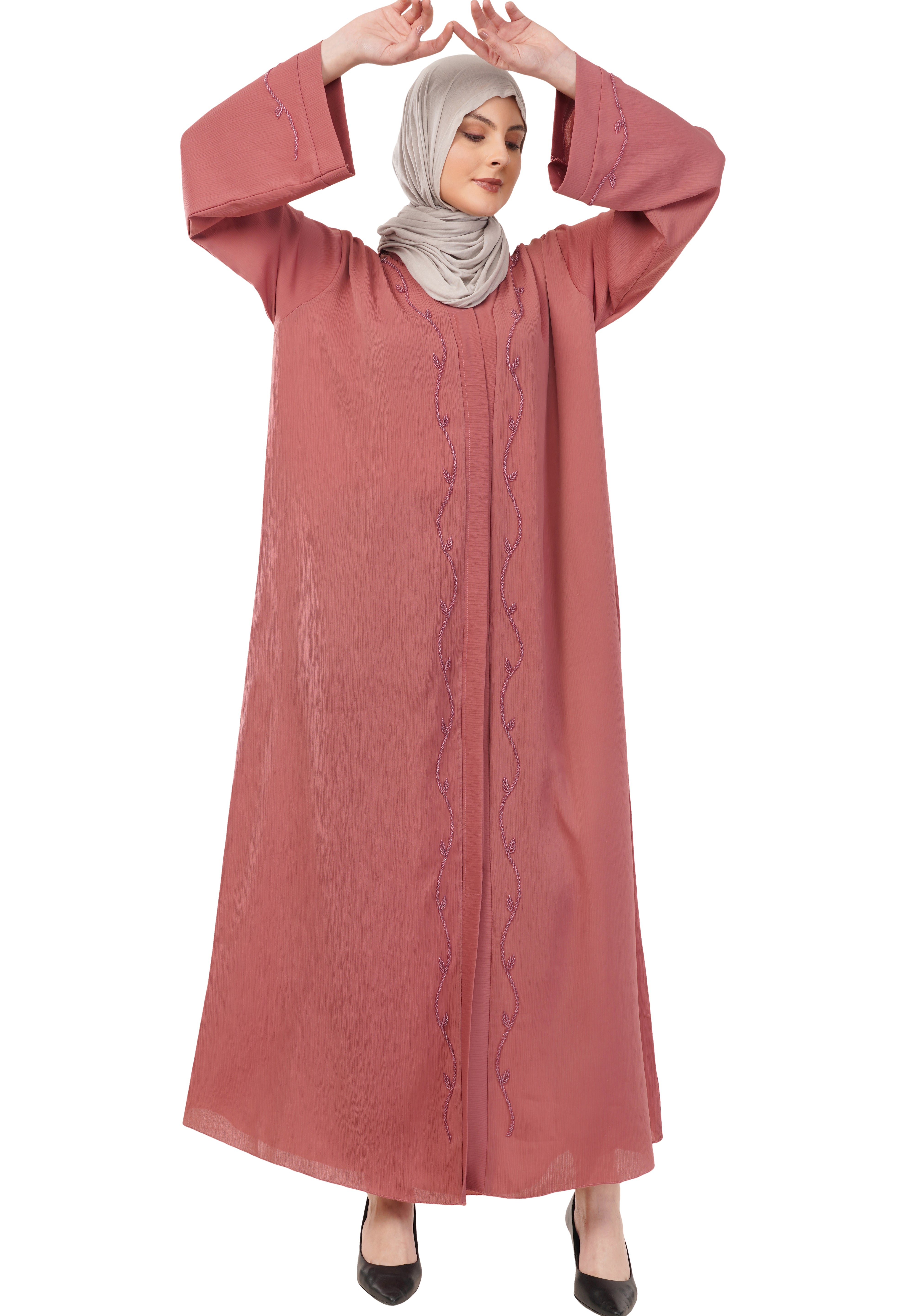 Pink Front Open Embellished Vine Abaya