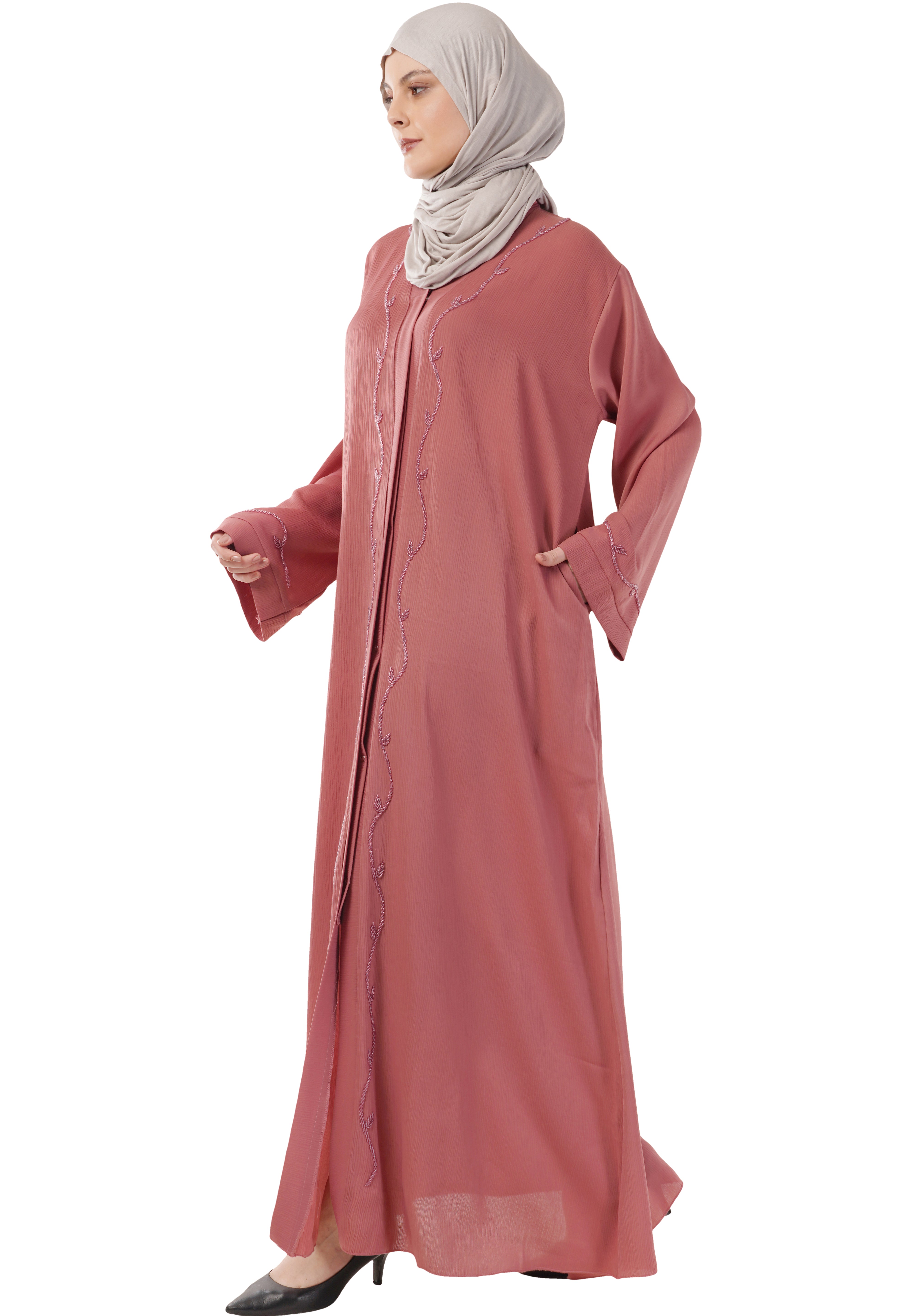 Pink Front Open Embellished Vine Abaya