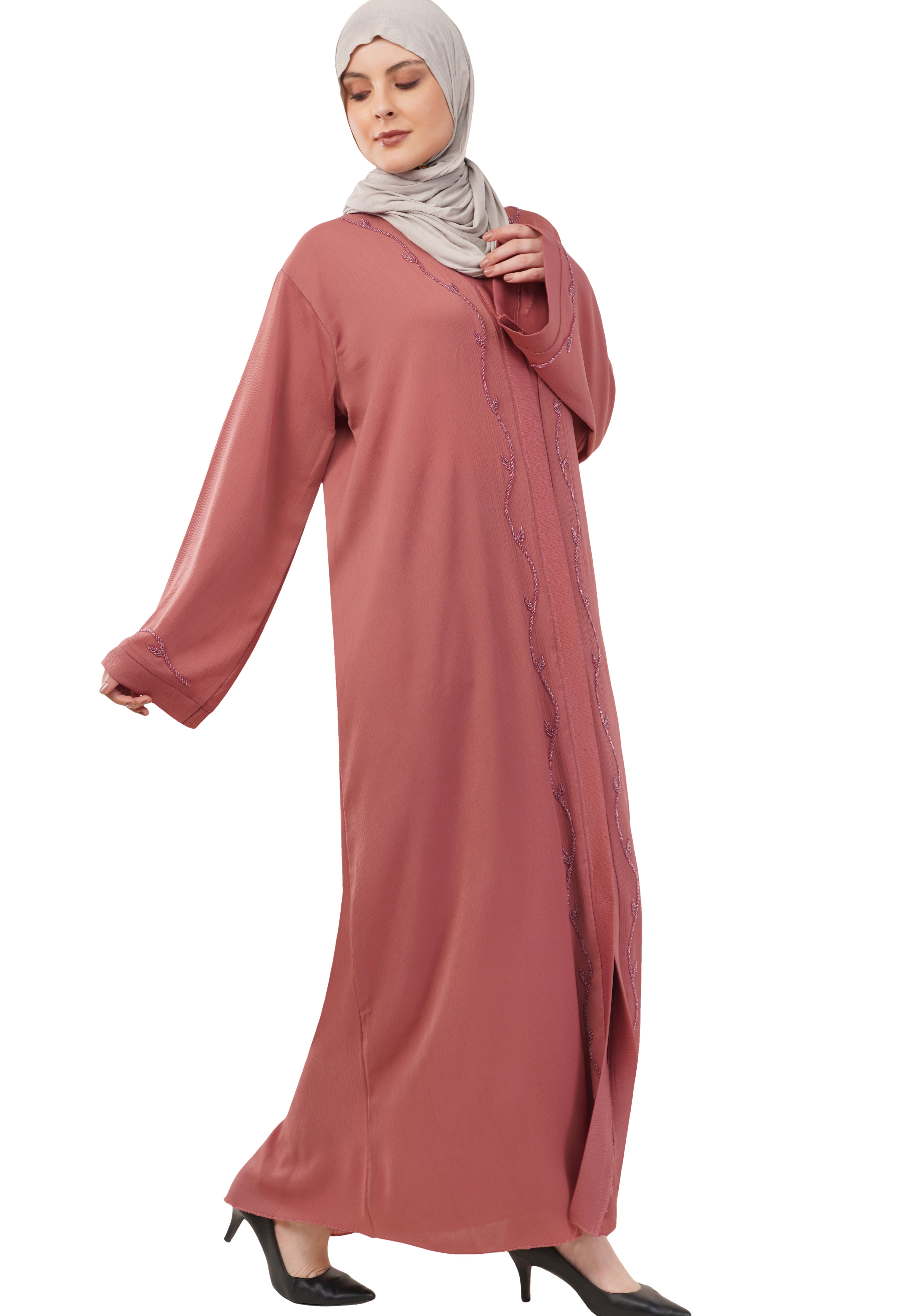 Pink Front Open Embellished Vine Abaya