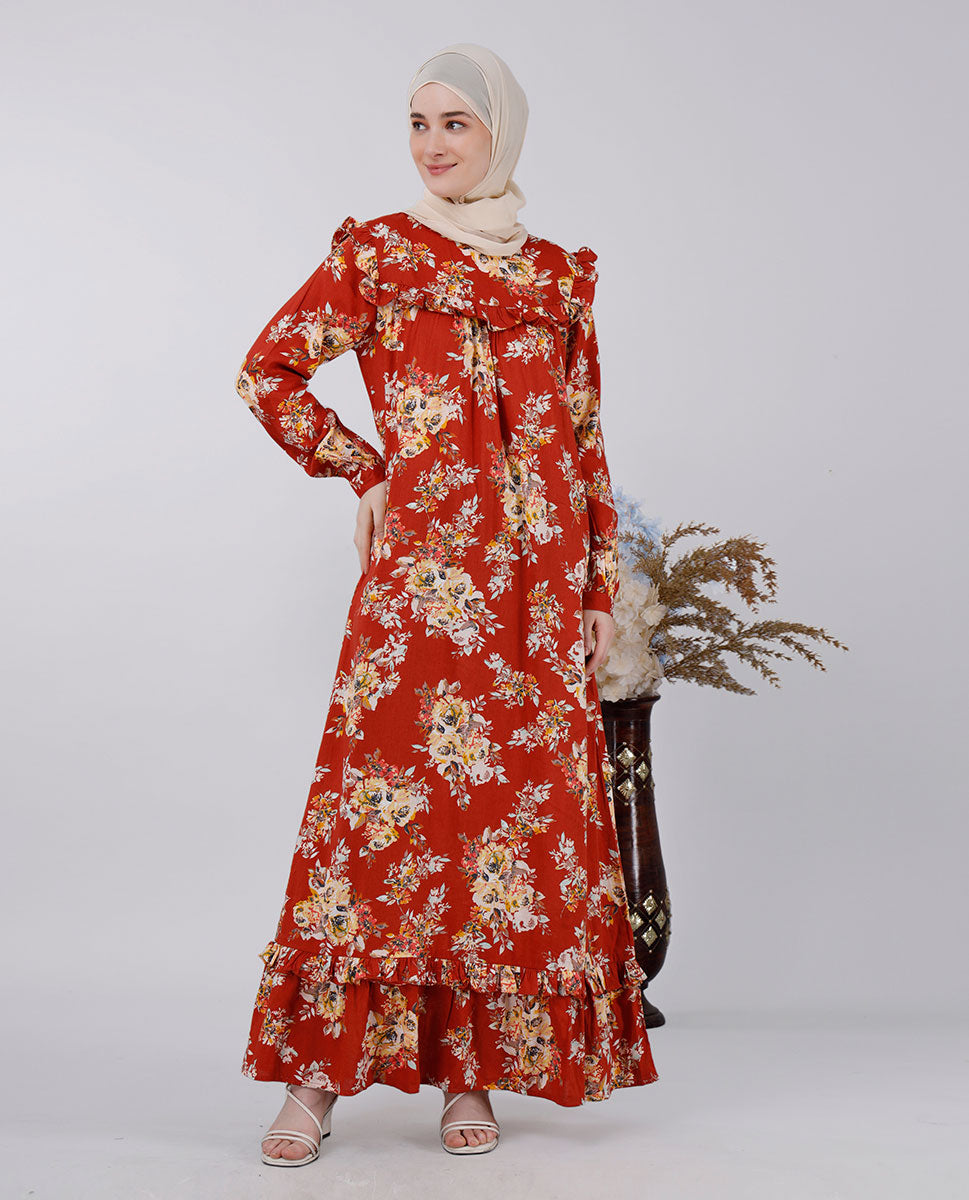 Puffed shoulder floral print abaya - Rust
